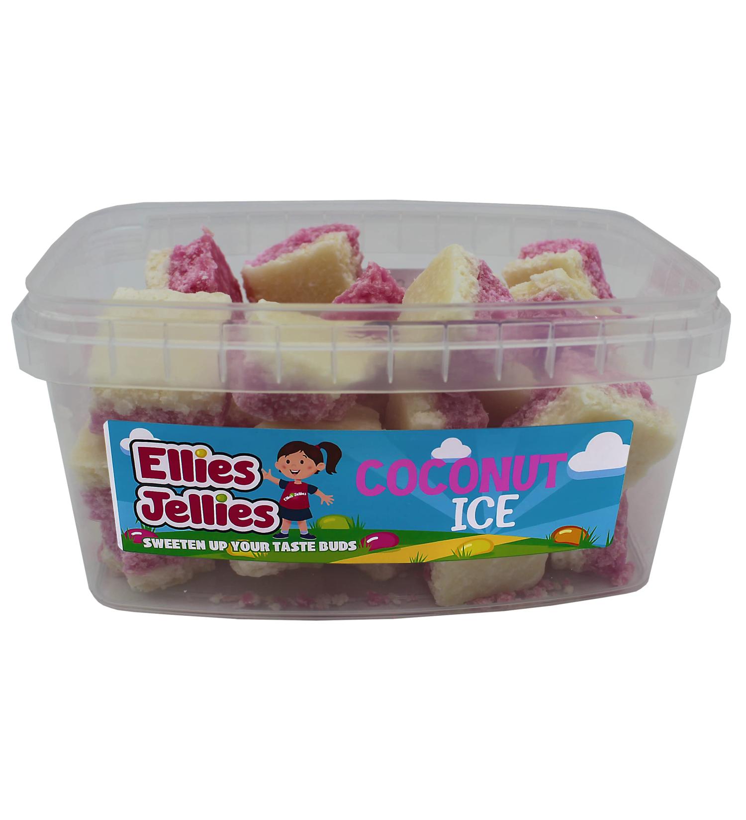 Ellies Jellies Coconut Ice 633g Tub Crumbly Pink & White Fruit Flavoured Coconut Square