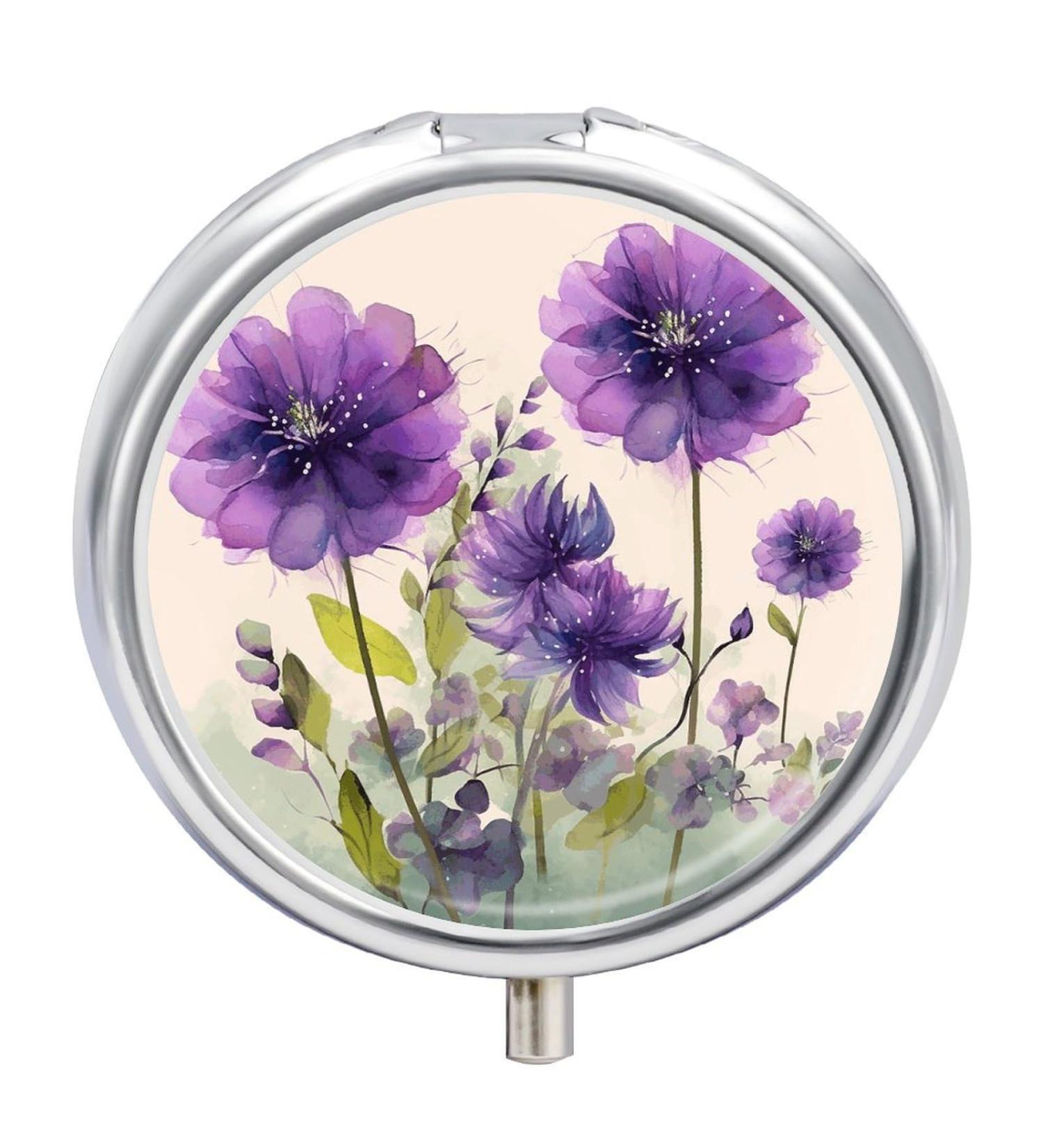 Round Pill Box with Purple Flowers | 3 Compartment Medicine Organizer | Portable Decorative Metal Pill Case - Buy Online on GoSupps.com