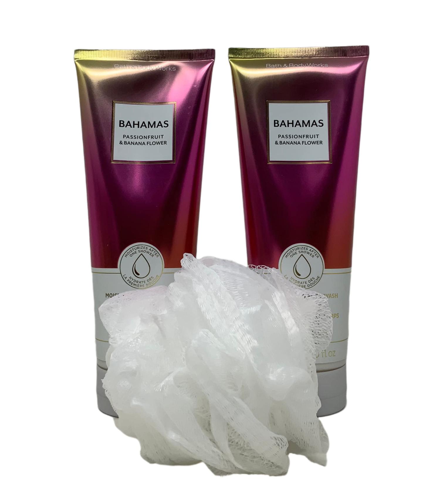 Bath and Body Works BAHAMAS Passionfruit & Banana Flower Moisturizing Body Wash - Lot of 2 + FREE Shower Sponge