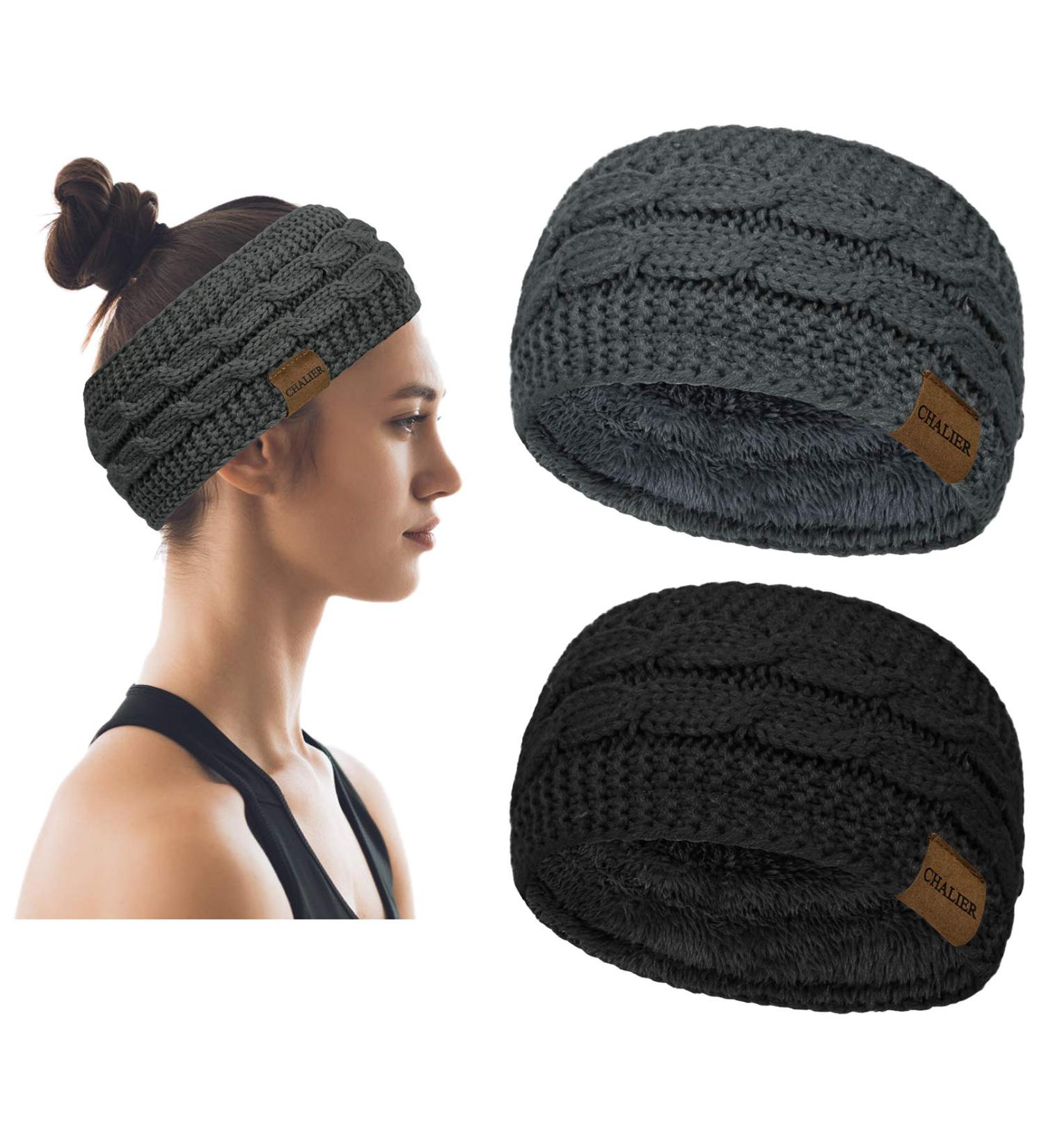 Winter Cable Knit Headbands - 2 Pcs Women's Ear Warmer Headband Set - Thermal Twist Head Wrap for Shopping, Skiing & Running - Black & Deep Grey - Buy Online on GoSupps.com