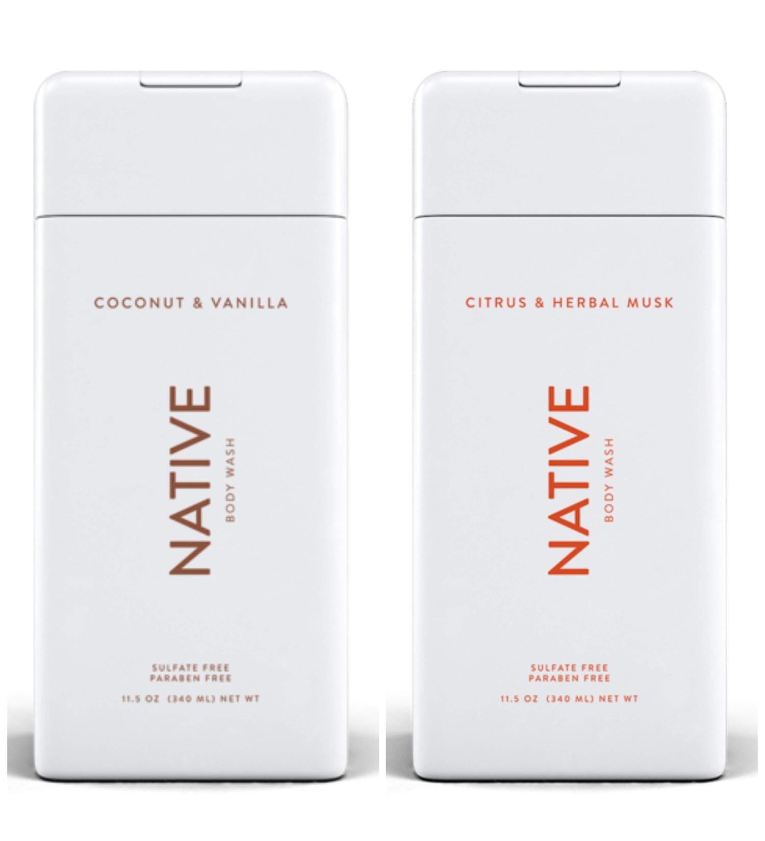 Native Body Wash Bundle - Coconut and Vanilla & Citrus and Herbal Musk - 11.5 oz (340ml) Each