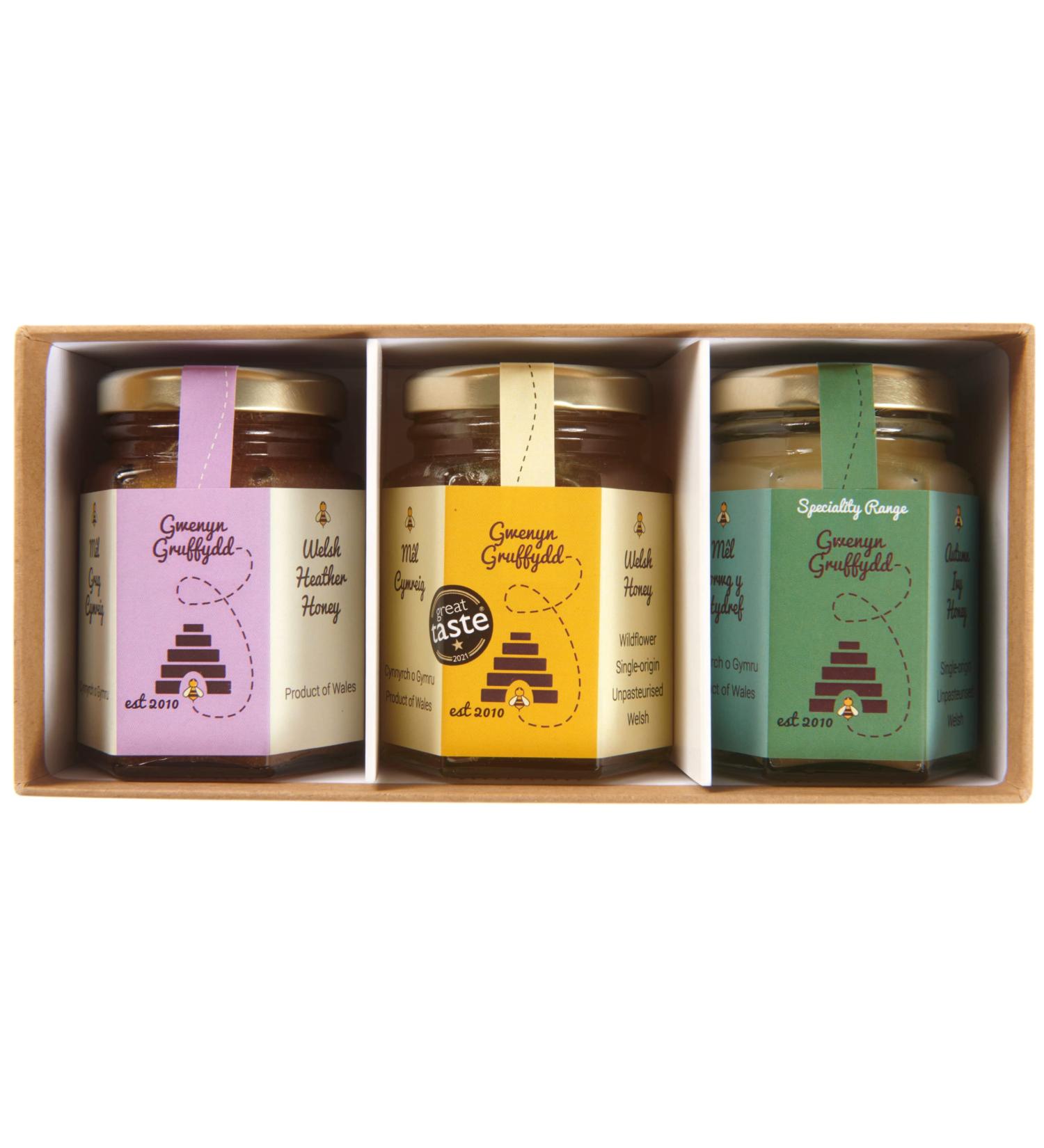 Trio of British and Welsh Honey Boxed Gift Set (3x142g) | Raw Welsh Honey | Single Origin Honey British Raw Unpasteurised Natural Honey | Honey Lover Gifts - Buy Online on GoSupps.com