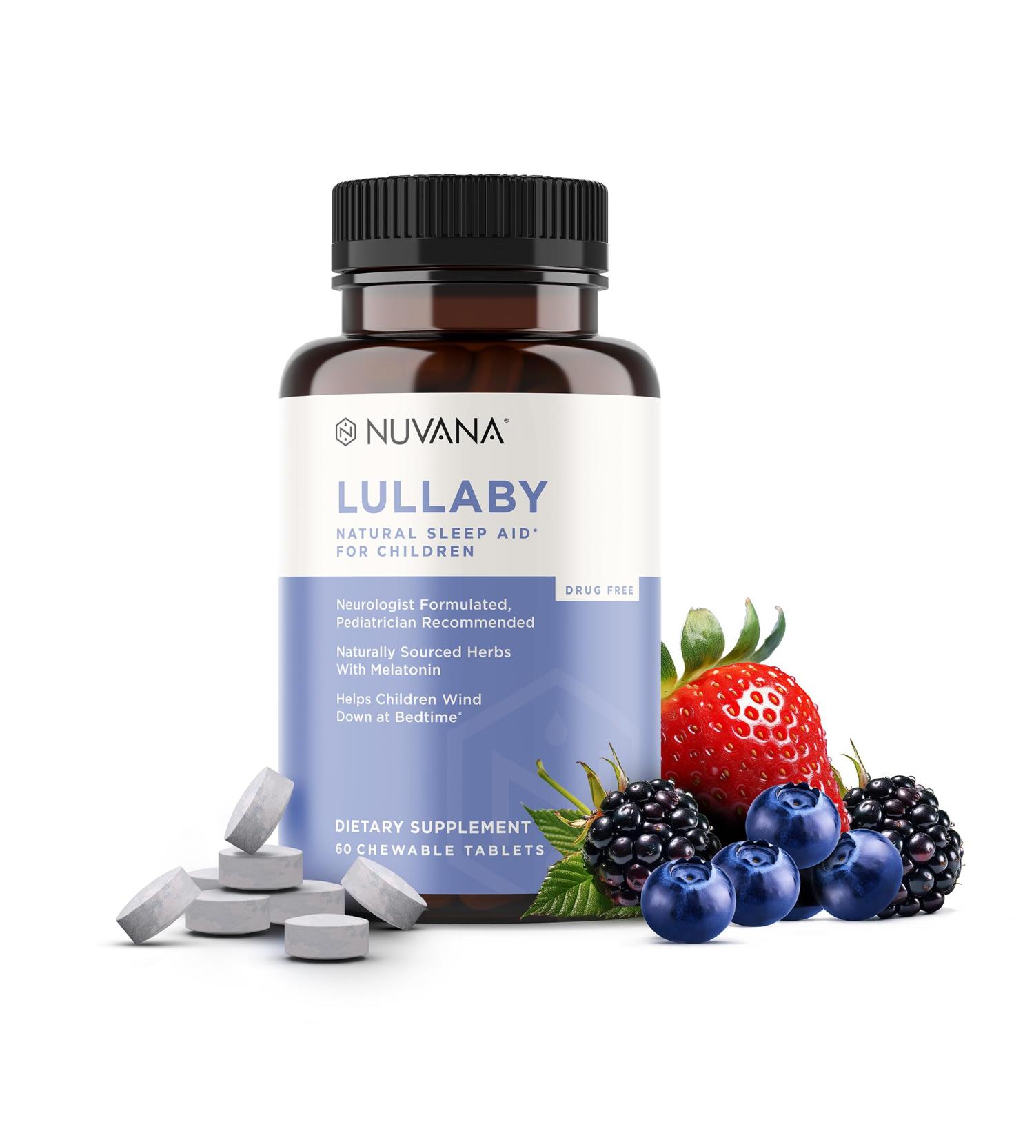 Nuvana Lullaby | Gentle Kids Natural Sleep Aid | Pediatrician Recommended | Delicious Low Dose Melatonin & Non-Habit Forming Mixed Berry Chewable Tablets | with Chamomile Magnesium for Kids 3+ - Buy Online on GoSupps.com