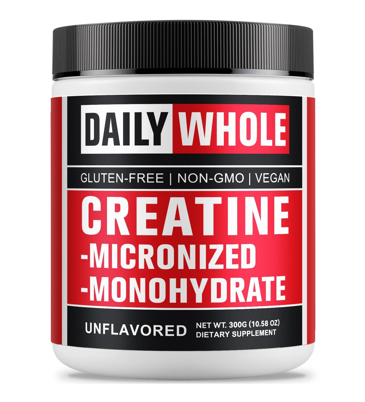 DailyWhole Organics Creatine Monohydrate Micronized Powder 300g | Pure Unflavored Dietary Supplement for Men and Women | Gluten-Free, Non-GMO, Vegan | 60 Servings (5g per Scoop) - Buy Online on GoSupps.com