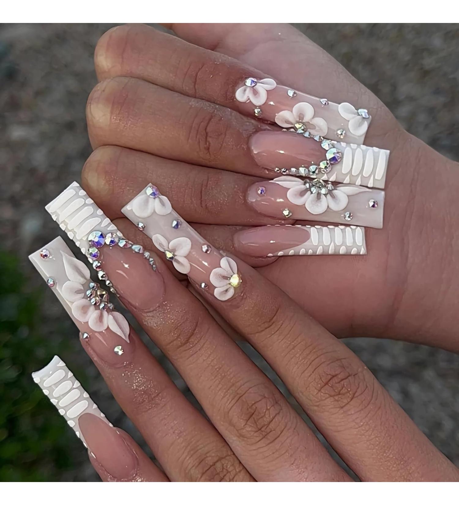 Buy BABALAL Coffin Press on Nails - Long White French Tip Gel Nails with Rhinestone Flower | Ballerina Stick on Nails for Women & Girls | NK702white - Fast International Shipping - Buy Online on GoSupps.com