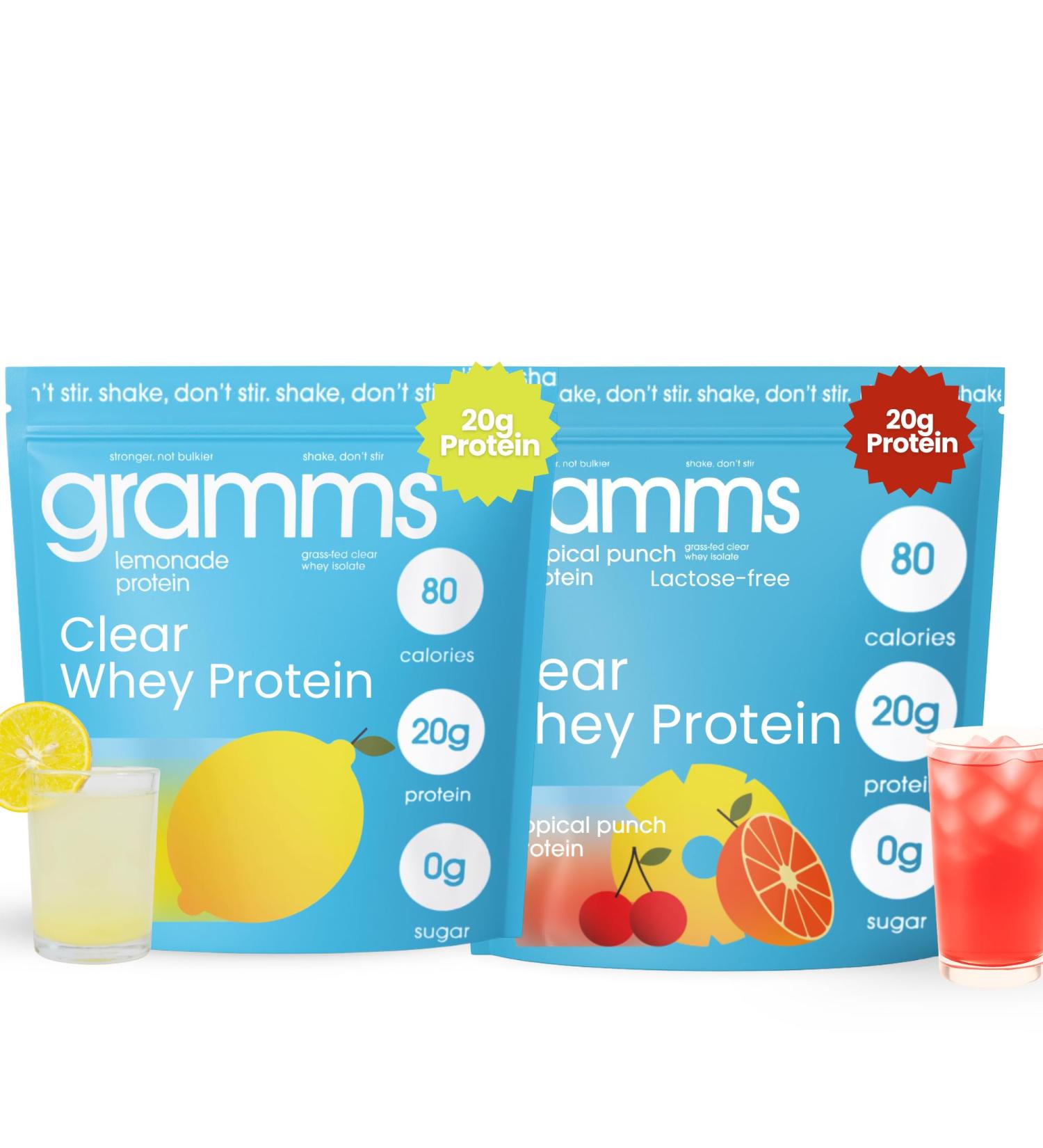 GRAMMS Clear Protein Powder 20G Protein for Women & Men | Grass-Fed Whey Isolate Zero Sugar Zero Lactose Non-Bloating Non-GMO(Lemonade/Tropical Punch) - Buy Online on GoSupps.com