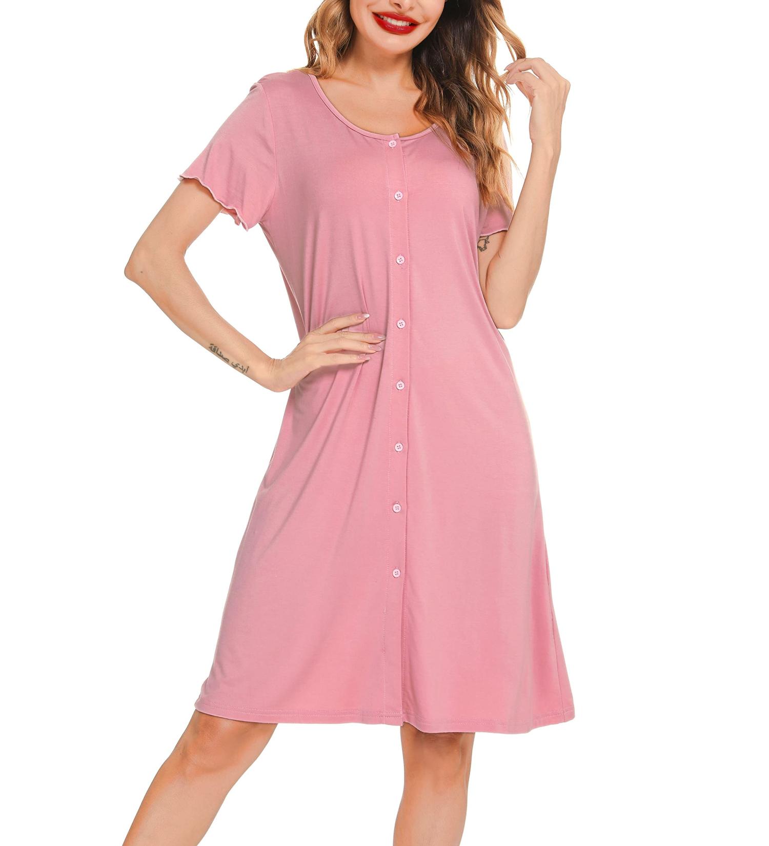 Lovasy Women's Soft Button-Down Nightdress with Pockets - Pink XL | Maternity & Nursing Nightshirt - Buy Online on GoSupps.com