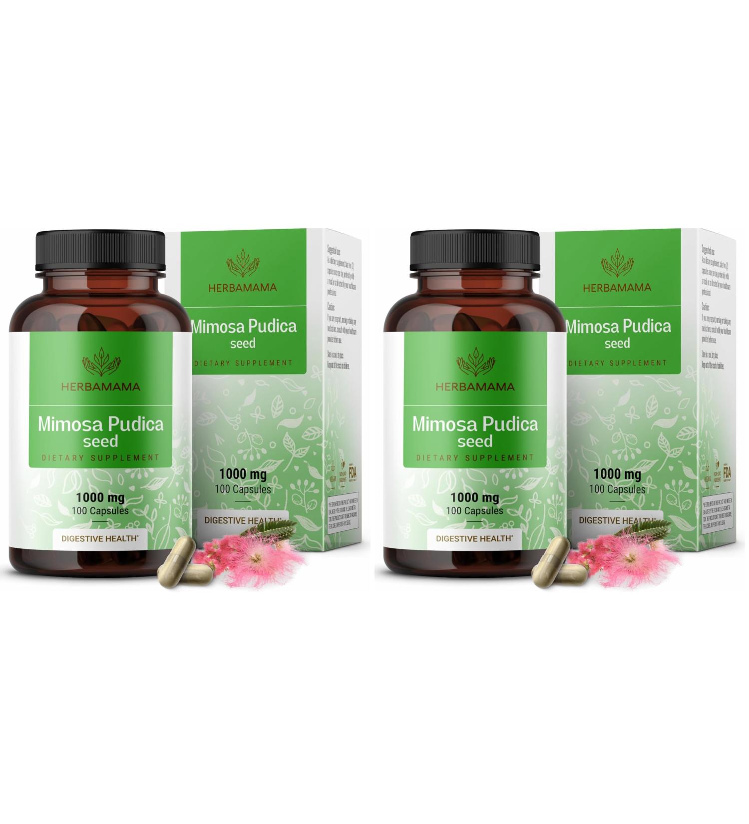 HERBAMAMA Mimosa Pudica Seed Capsules - 1000mg Mimosa Pudica Extract Powder for Digestive Cleanse & Detox - Vegan Non-GMO Digestive Support Supplement 100 Caps (Pack of 2) - Buy Online on GoSupps.com