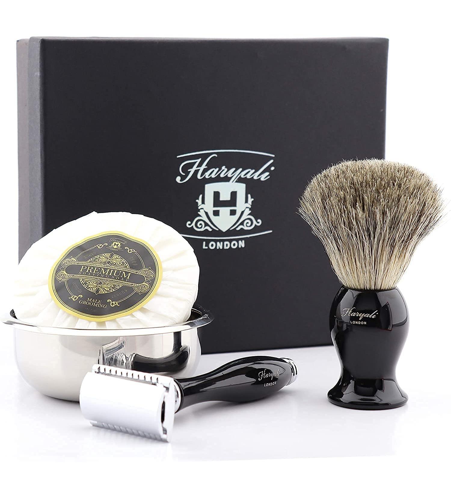 Haryali London Razor Set - Premium Wet Shaving Kit for Men & Women | Razor Hobel Dachshaar Shaving Bowl & Soap | 4-Piece Black Razor Set with Blades - Buy Online on GoSupps.com