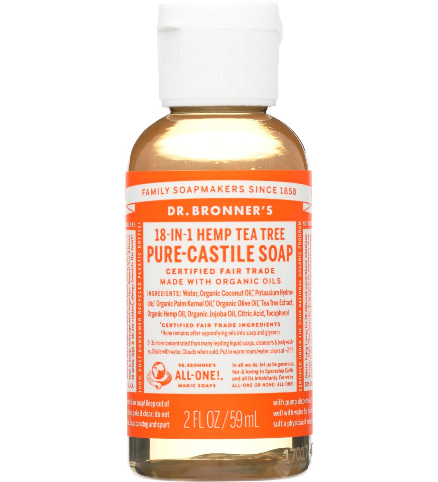 Dr. Bronner's Travel Size Tea Tree Castile Soap - 2 FZ | Natural Organic Cleanser for Skin & Body | Shop Internationally - Buy Online on GoSupps.com