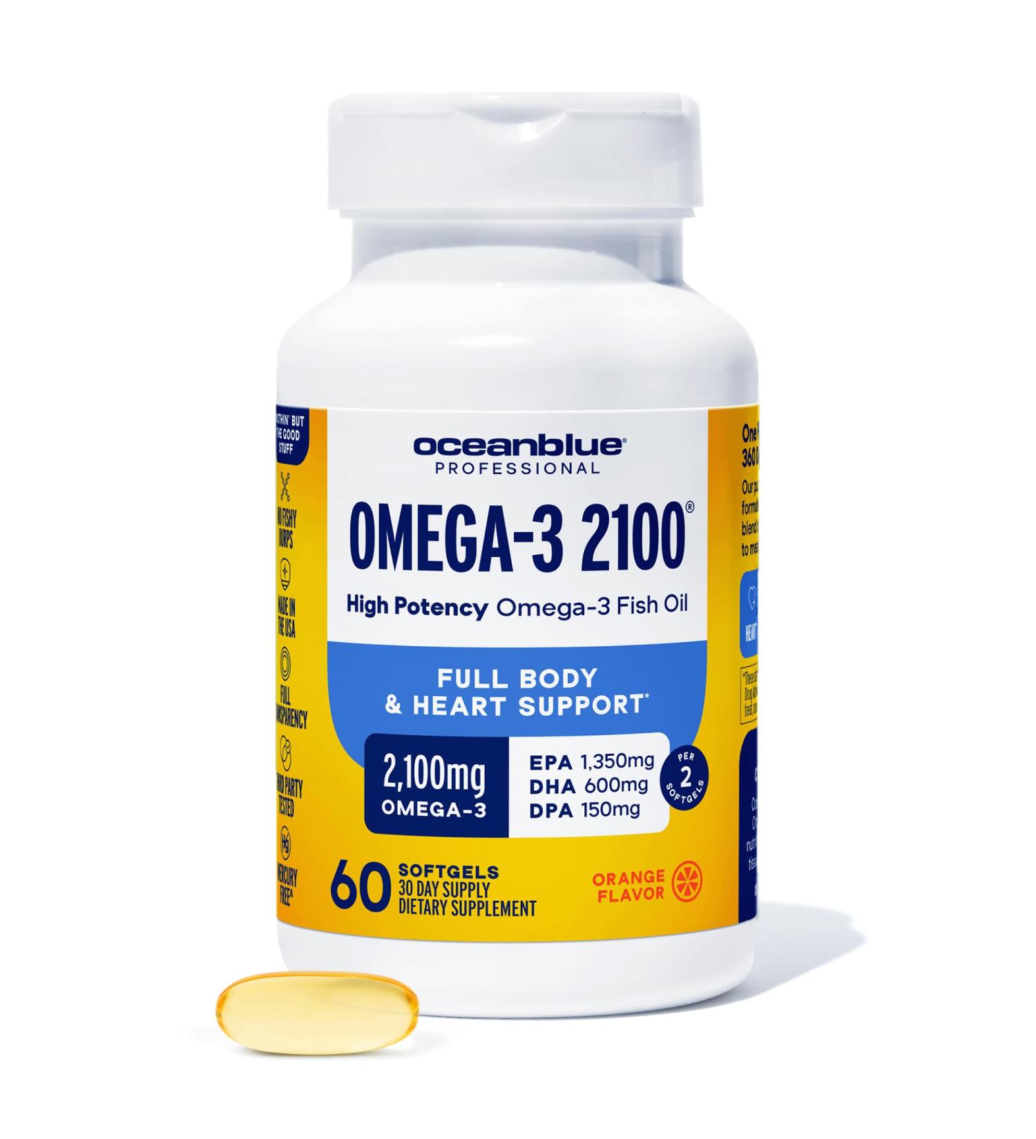 Oceanblue Professional Omega-3 2100mg Fish Oil Supplement Triple Strength High Potency EPA DHA & DPA Burpless Wild-Caught Natural Orange Flavor 60 Count (Pack of 1) - Buy Online on GoSupps.com