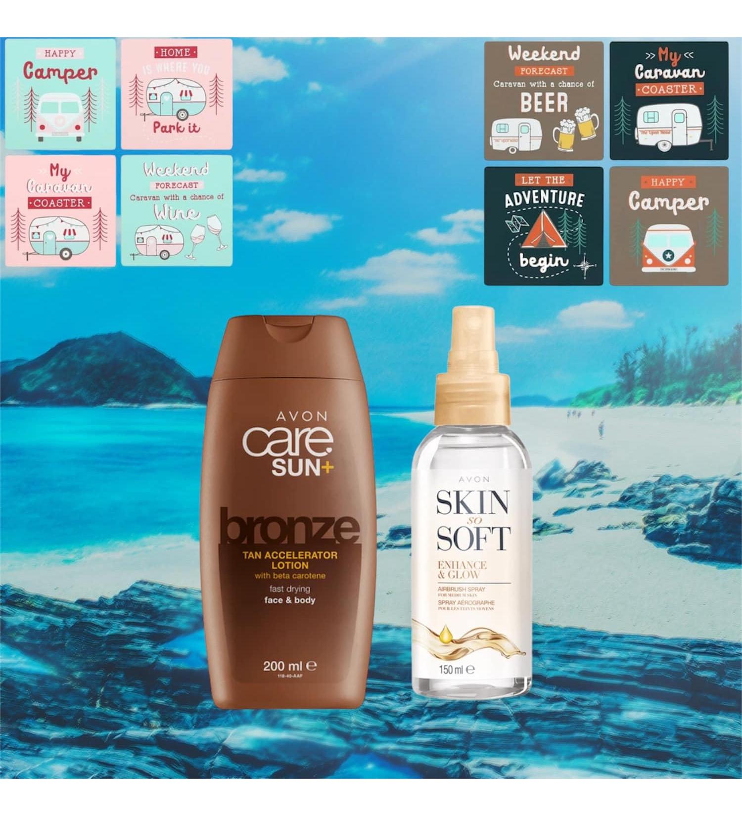 Avon Tan Bronze Tan Accelerator - 200ml Plus Avon Skin So Soft Airbrush Tanning Dry Oil spray & Set of 2 Caravan/camping Coasters - Buy Online on GoSupps.com
