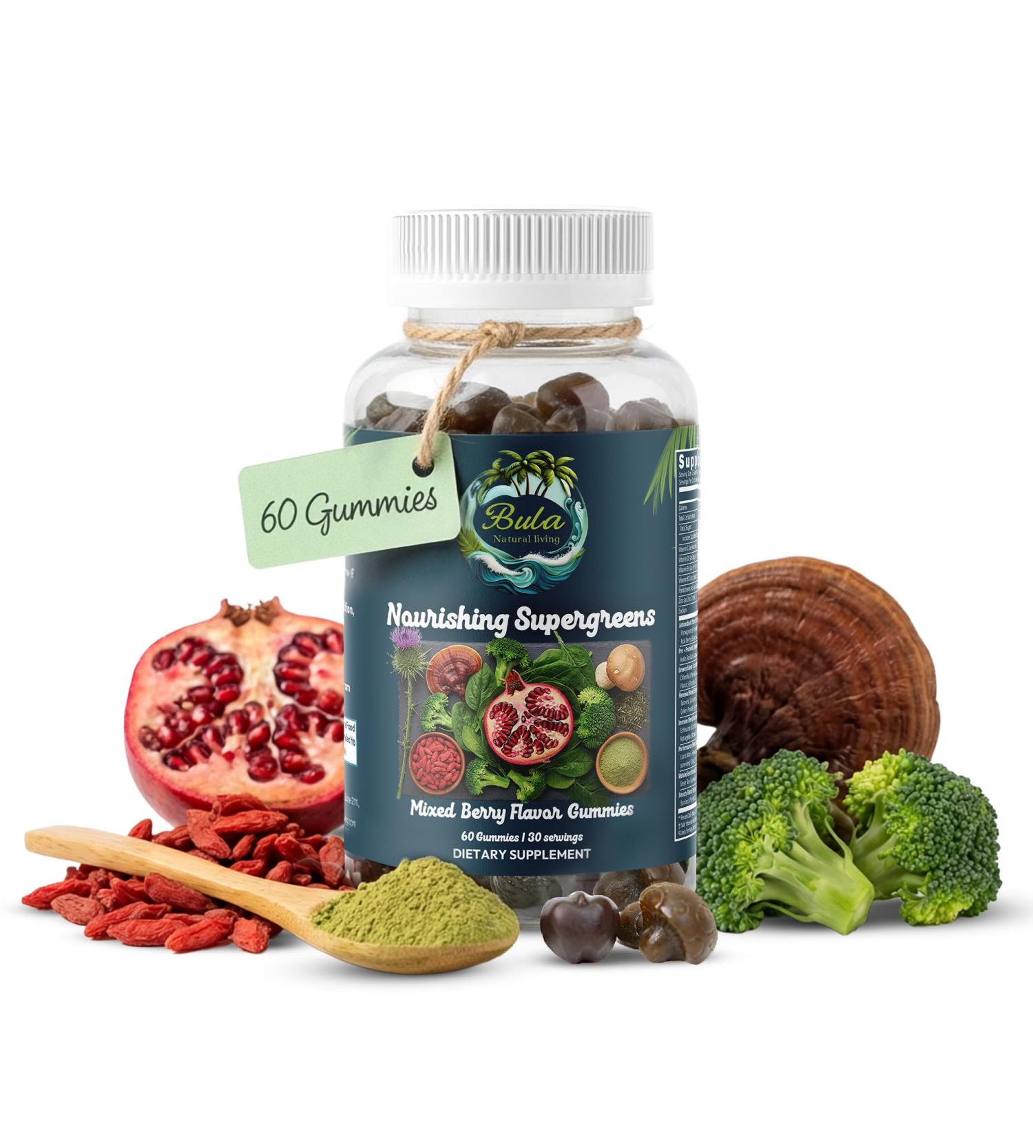 BULA NATURAL LIVING Nourishing Supergreens Gummies 60 Vegan Gluten-Free Non-GMO with Beetroot Spirulina Chlorella Mushrooms Pre & Probiotics Energy & Immunity Support - Buy Online on GoSupps.com