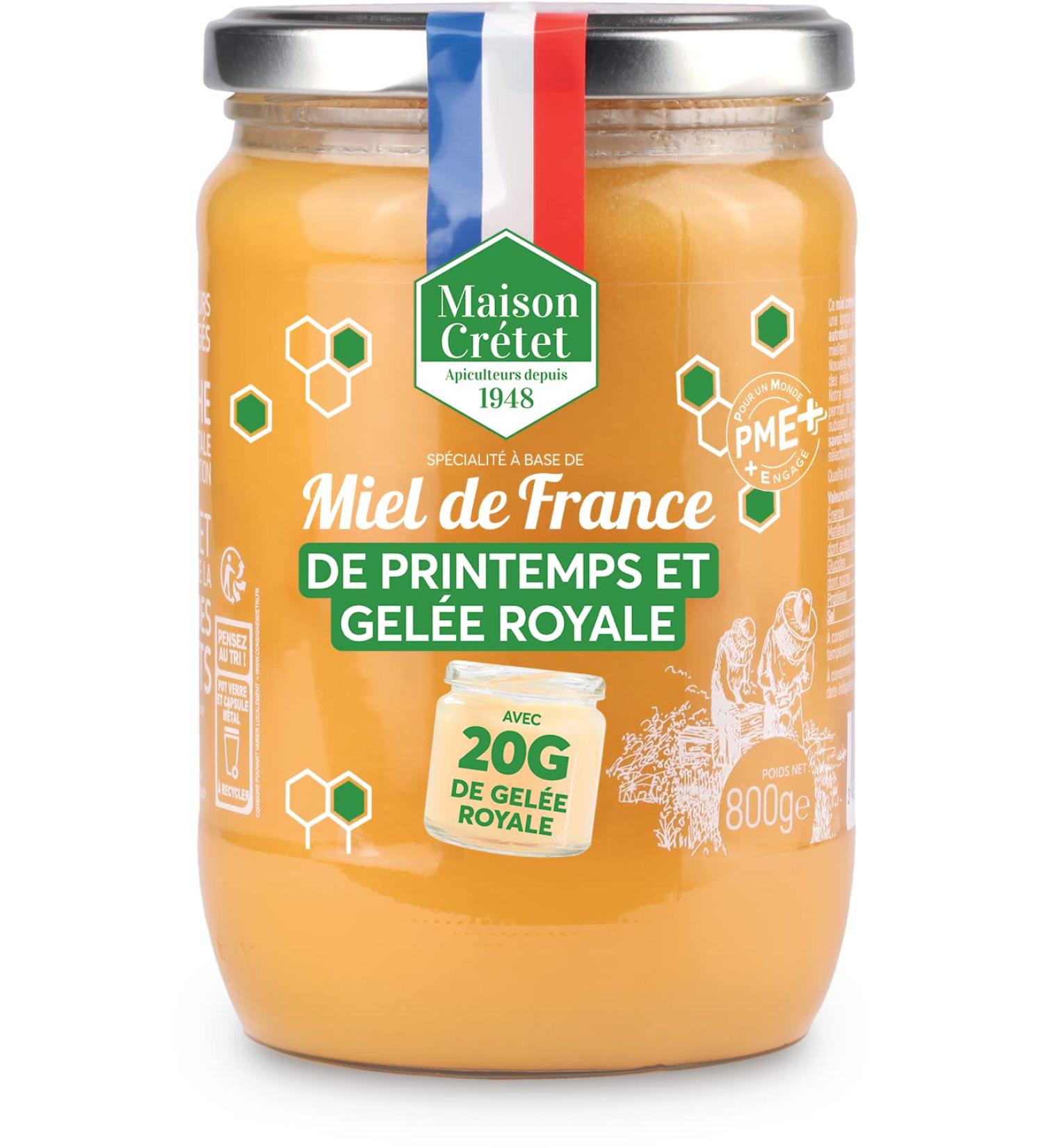 Maison Cr tet | Spring French Honey and Royal Jelly | Unpasteurized honey harvested in France in glass jar | preparation in 800G jar