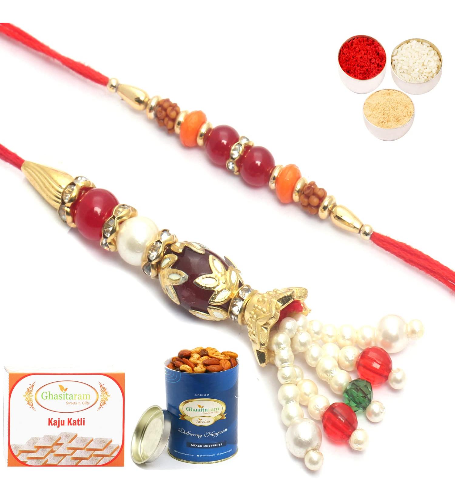 Ghasitaram Gifts Rakhis Online - Rakhi for Brother- Pearly Possesion Bhaiya Bhabhi Rakhi with 100 GMS of Dryfruits Mix Can 200 GMS of Kaju katli Rakhi Set & 100g Dryfruits Mix Can 200g Kaju katli - Buy Online on GoSupps.com