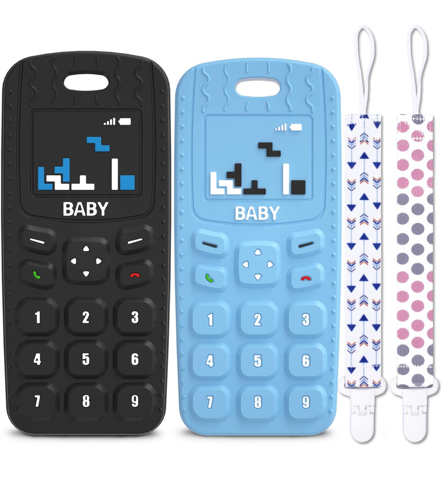 HOPEEYE 2 Pack Silicone Teething Toys for Babies 6-18 Months - BPA Free Chew Toys - Mobile Phone Shape - Sensory Toys Set (Black & Blue) - Buy Online on GoSupps.com