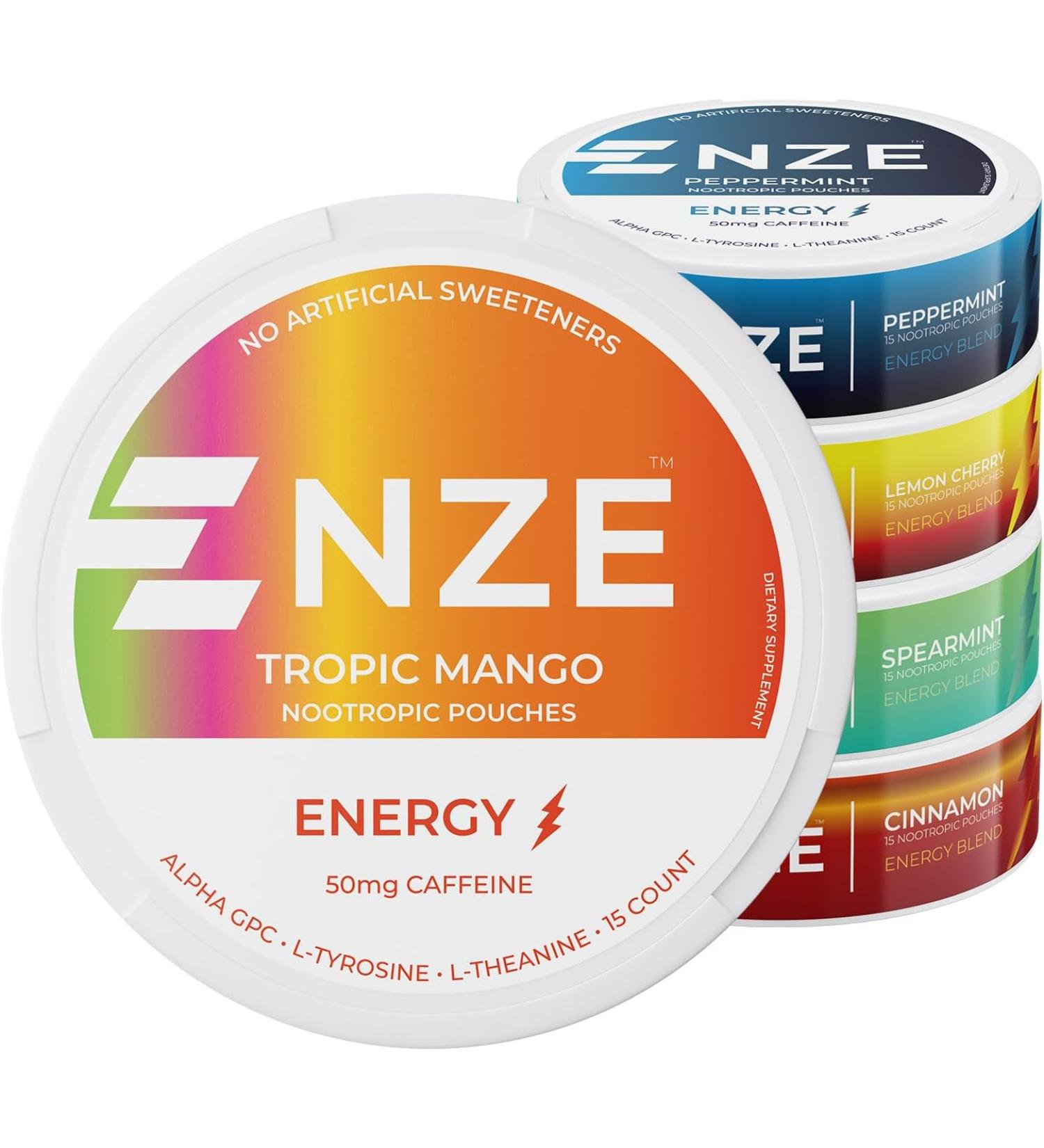 NZE Caffeine Nootropic Pouches (Variety Pack) - Energy Pouches with 50mg Caffeine, Alpha GPC, L-Tyrosine & L-Theanine with No Sugar or Artificial Sweeteners - 15 Pouches Per Can - 5 Pack - Buy Online on GoSupps.com