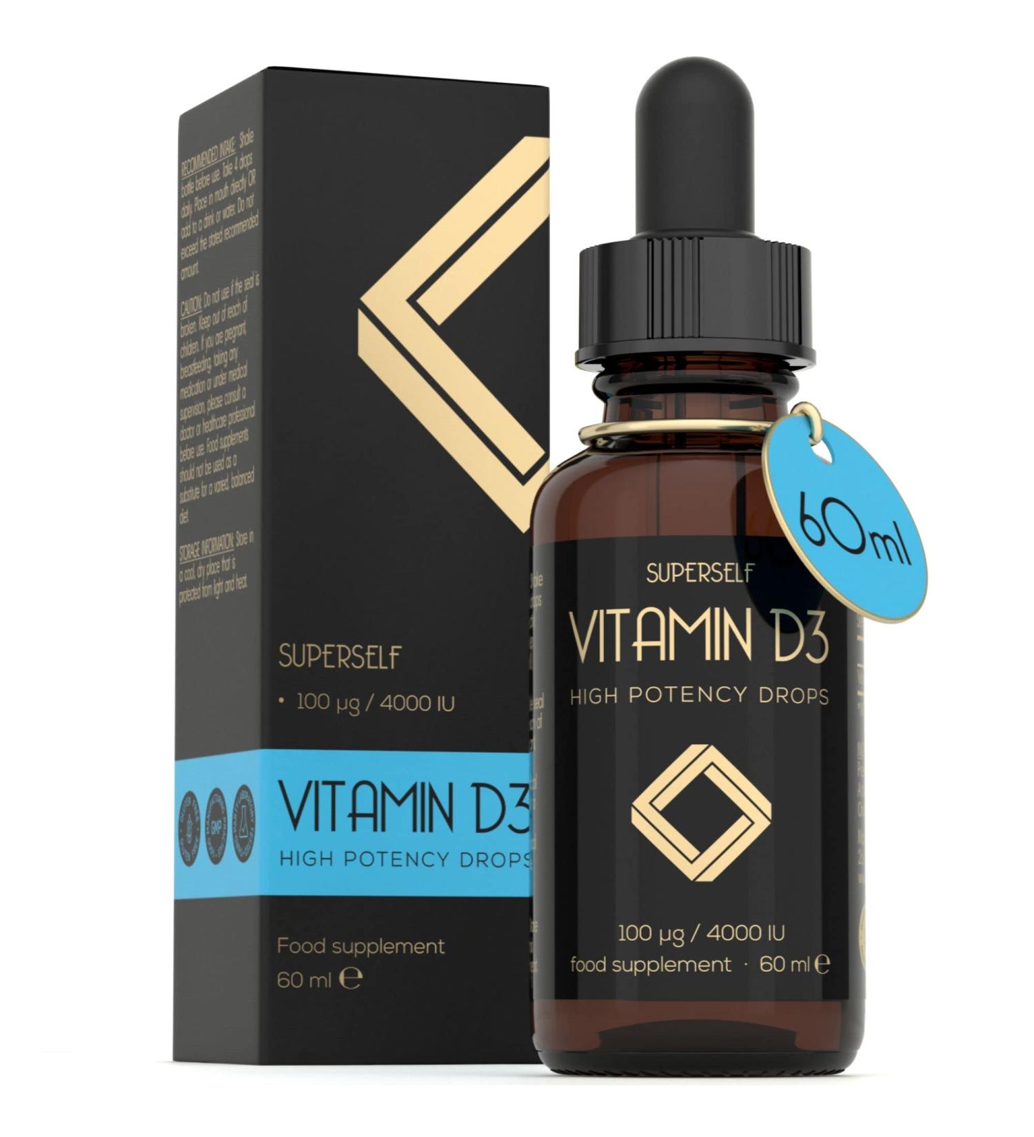 Vitamin D Drops - Vitamin D3 4000 IU Liquid for Adults - 60ml 1200 Drops - High Strength & Absorption Supplement for Strong Bones Teeth Immune System - Vit D 1000IU per 1 Drop - UK Made & Vegetarian - Buy Online on GoSupps.com