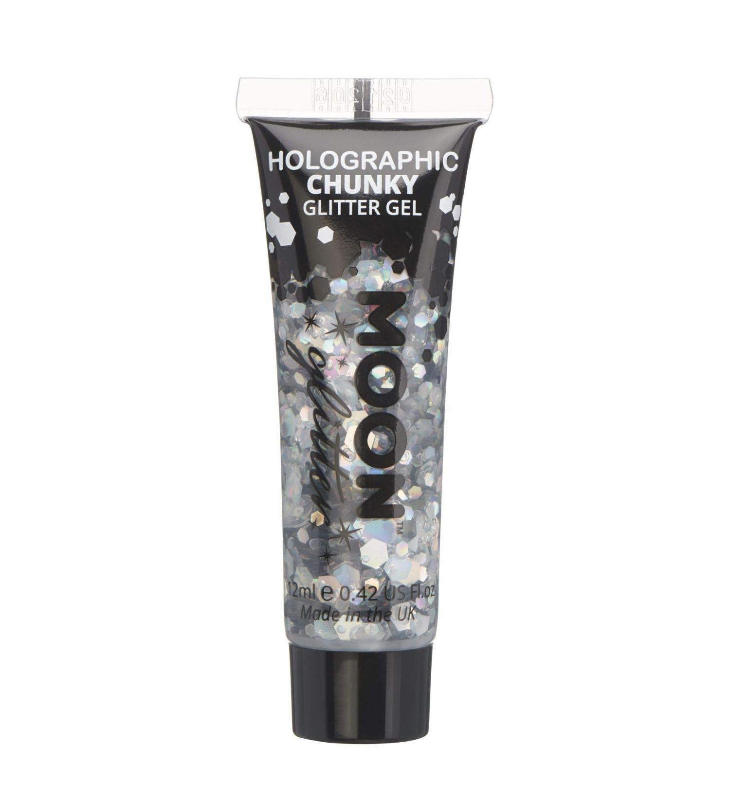 Silver Holographic Chunky Glitter Gel by Moon Glitter - 12ml | Festival Cosmetic Glitter for Face, Body, Hair & Nails - Buy Online on GoSupps.com
