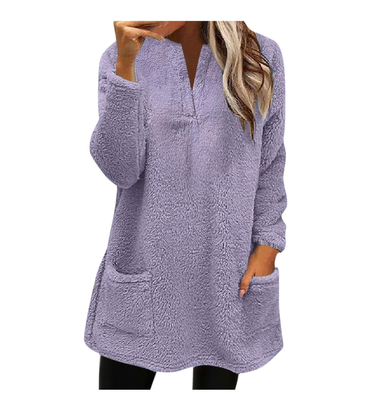 AMhomely Women's Plus Size Teddy Fleece Hoodie - Double Fleece Casual Pullover with V Neck and Pockets - Purple XXL - Buy Online on GoSupps.com