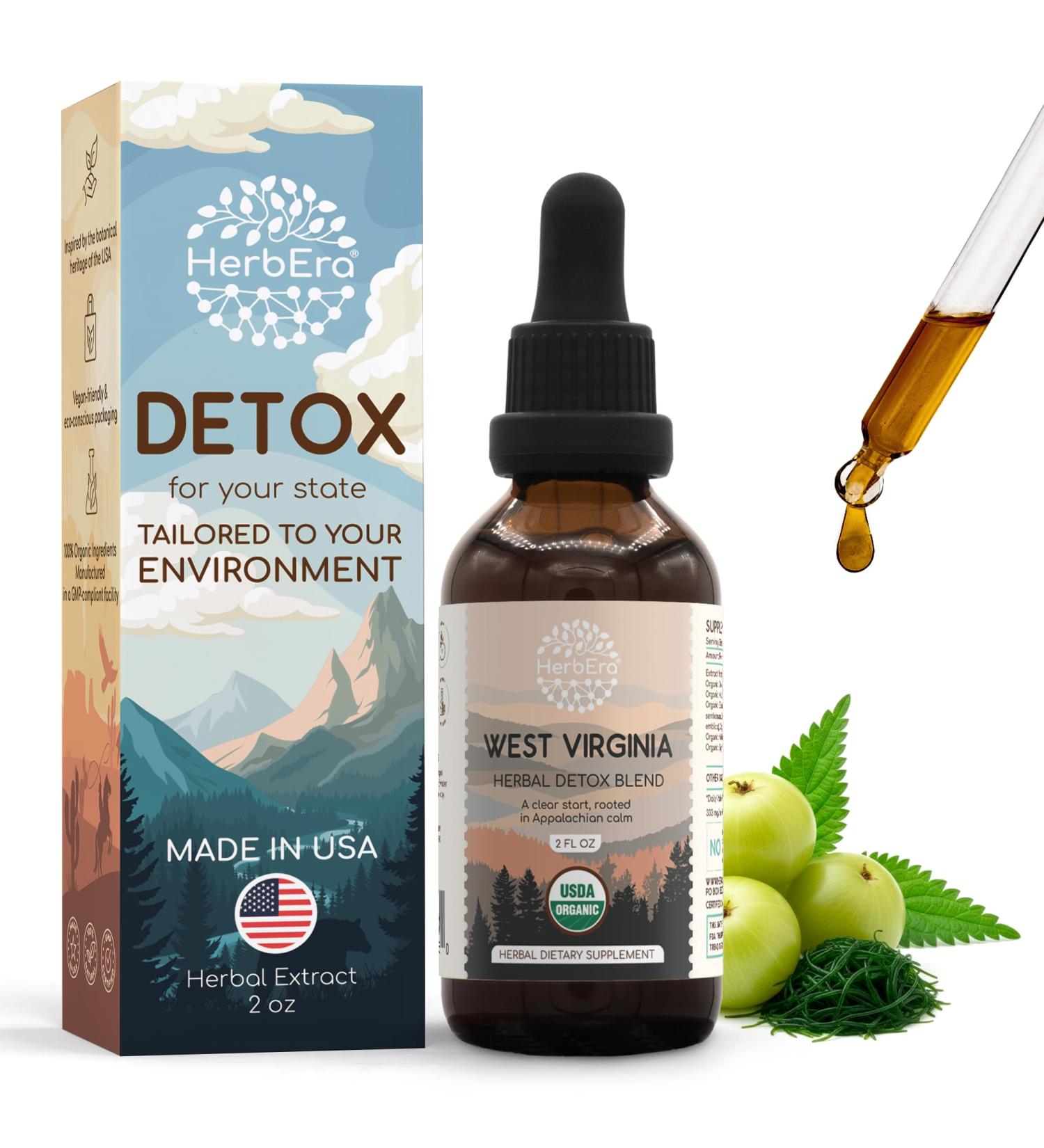 HerbEra West Virginia Herbal Detox Blend - USDA Organic Extract Made in USA | Immune & Liver Support Liquid Drops | Amla Dandelion Root Eleuthero Milk Thistle Mullein Leaf | 2 fl oz - Buy Online on GoSupps.com