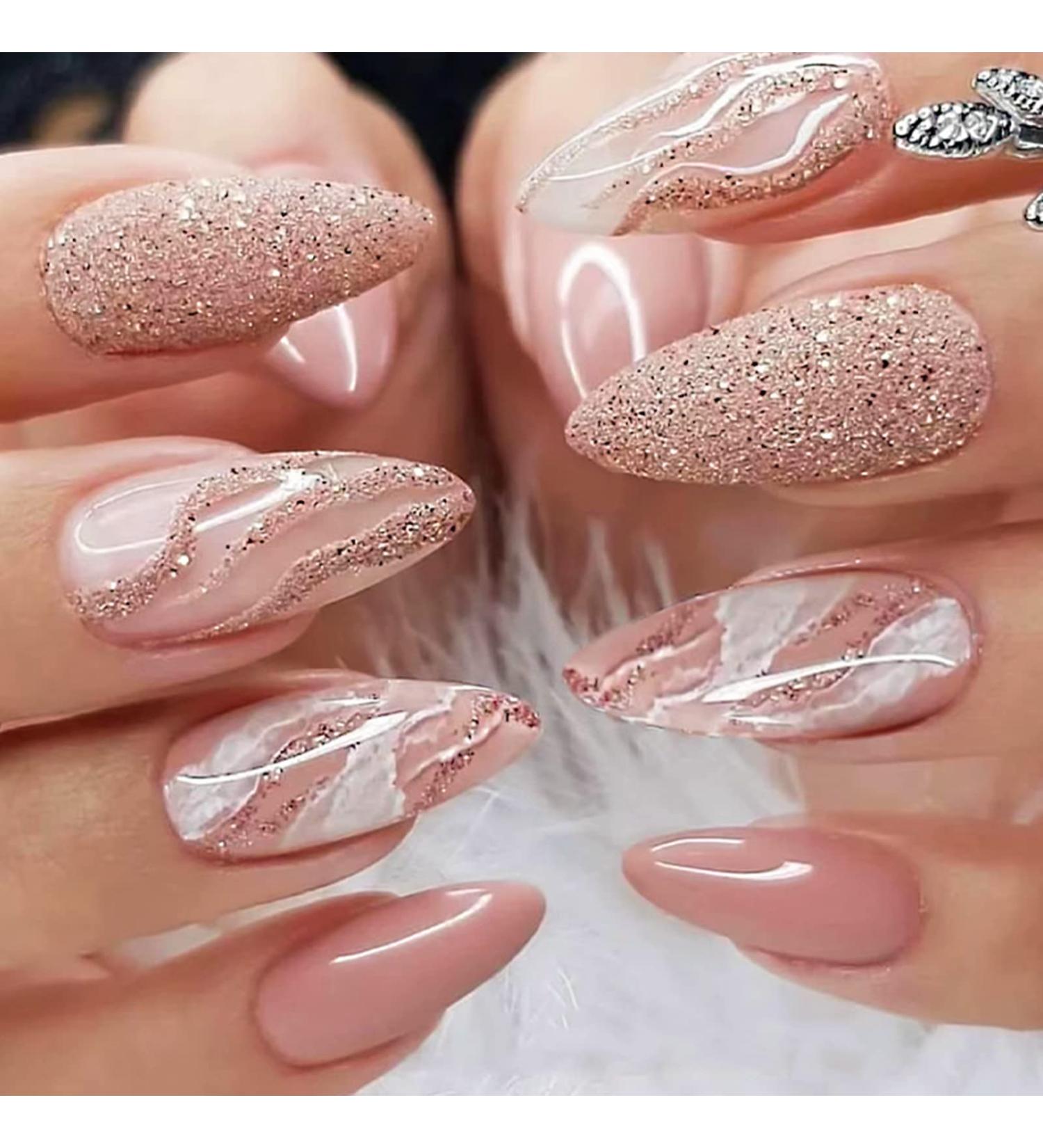Nude Pink Swirl Design Press on Nails | Medium Almond Fake Nails with Glitter Sequins | Marble Glossy Acrylic Nails for Women - Buy Online on GoSupps.com