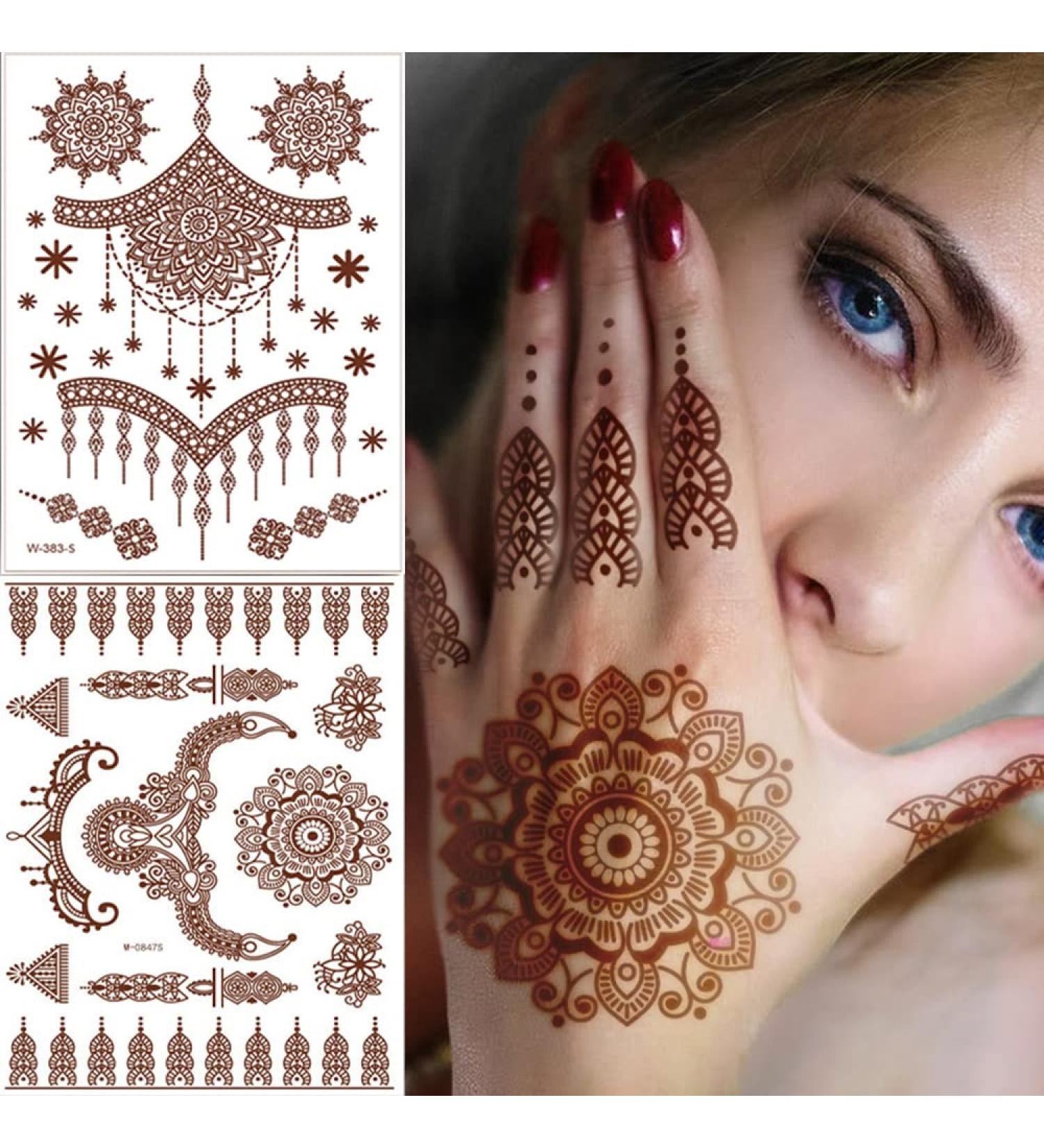Brown Henna Temporary Tattoos for Women - Waterproof, Semi-Permanent Body Stickers for Festivals, Parties - 6 Sheets - Buy Online on GoSupps.com