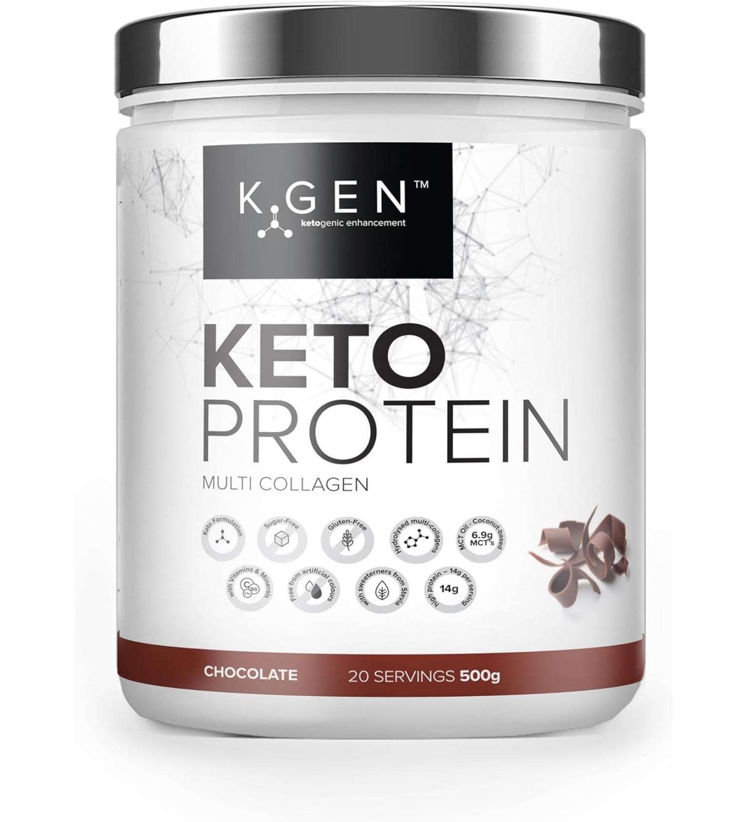 K-GEN Keto Collagen Protein Powder Natural Multi Collagen Chocolate Blend Coconut MCT Vitamin C+B6 | UK Made Advanced Ketosis for Keto & Paleo | Low Carb Free-from: Sugar Whey & Gluten Chocolate 500g 500 g (Pack of 1) - Buy Online on GoSupps.com