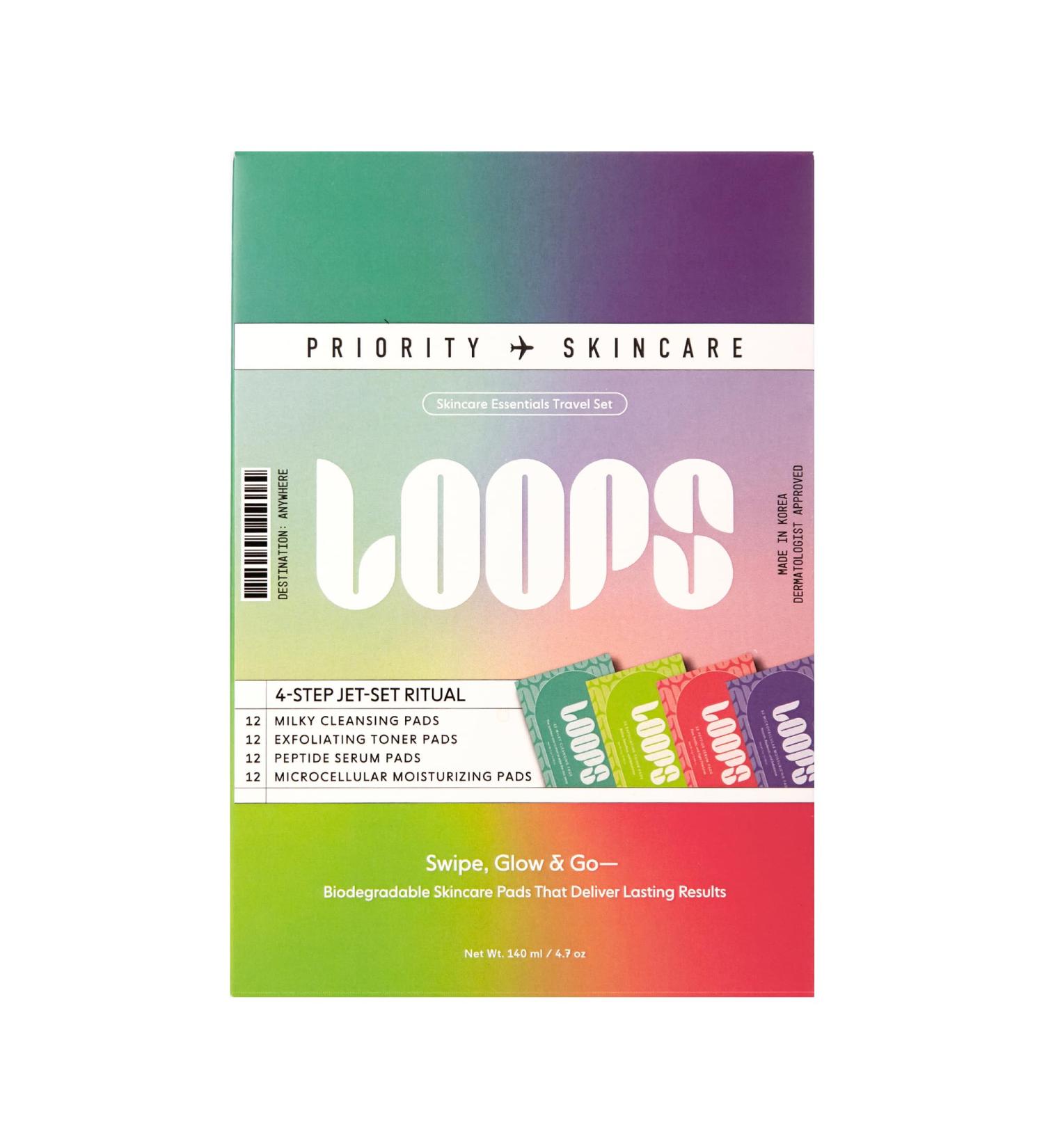 LOOPS 4-Step Essentials Skincare Kit with 12 Travel Vegan Natural Biodegradable Gentle Skincare Pads Each - Moisturizer Toner Peptide and Milky Cleanser - Pre-soaked Bamboo Pads - Pack of 48 - Buy Online on GoSupps.com