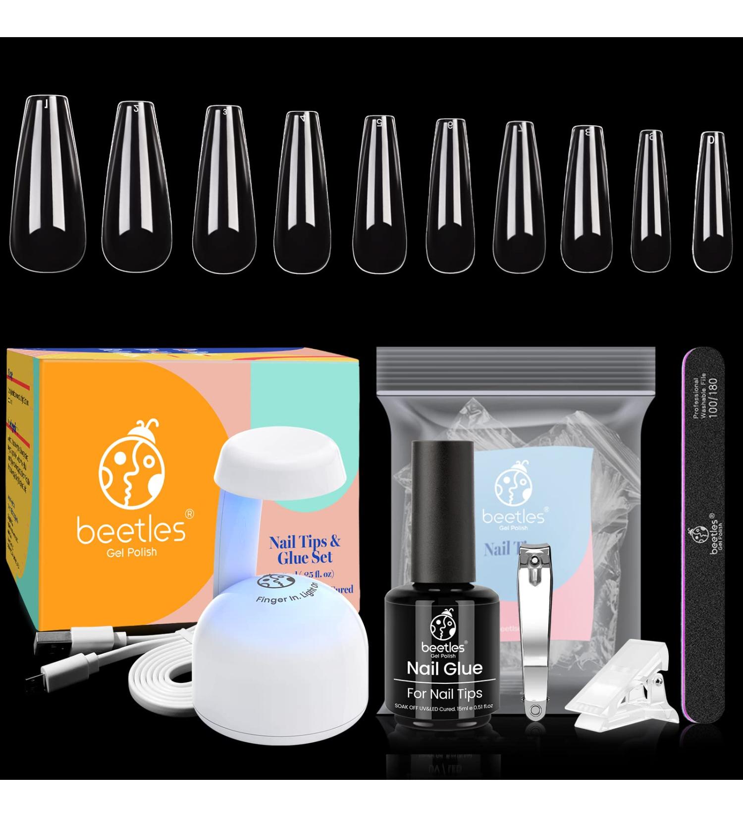 Beetles Acrylic Nail Tips Kit: 15ML Glue Gel, Long Coffin False Nails, UV LED Lamp DIY Nail Art Set - Buy Online on GoSupps.com