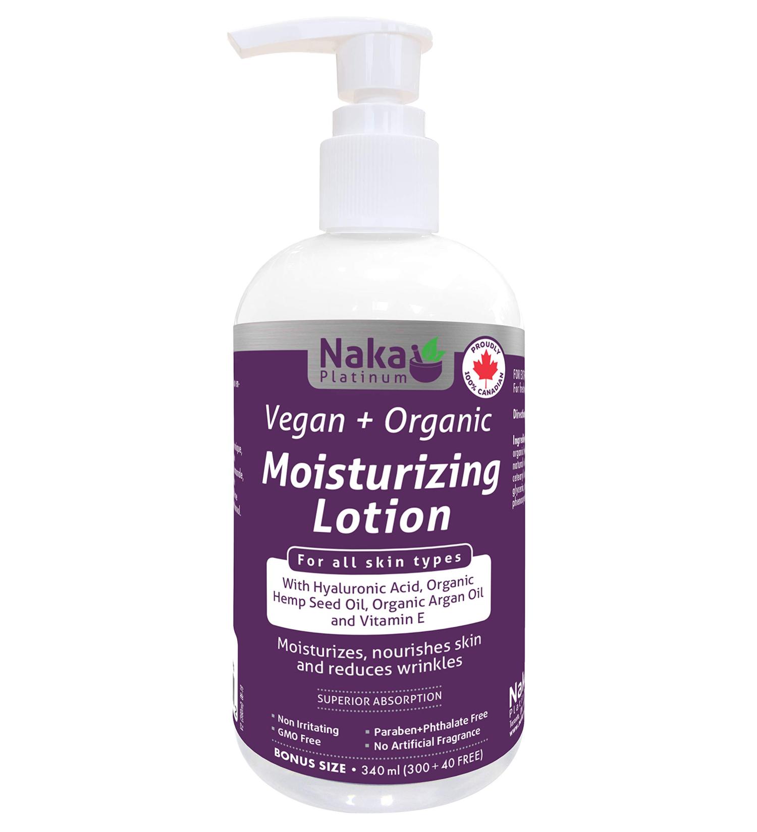Naka Platinum Vegan+Organic SUPERIOR ABSORPTION MOISTURIZING LOTION with Hyaluronic Acid Organic Hemp Seed Oil Organic Argan Oil and Vitamin E - BONUS SIZE 340 ml (300+40 FREE) - Buy Online on GoSupps.com