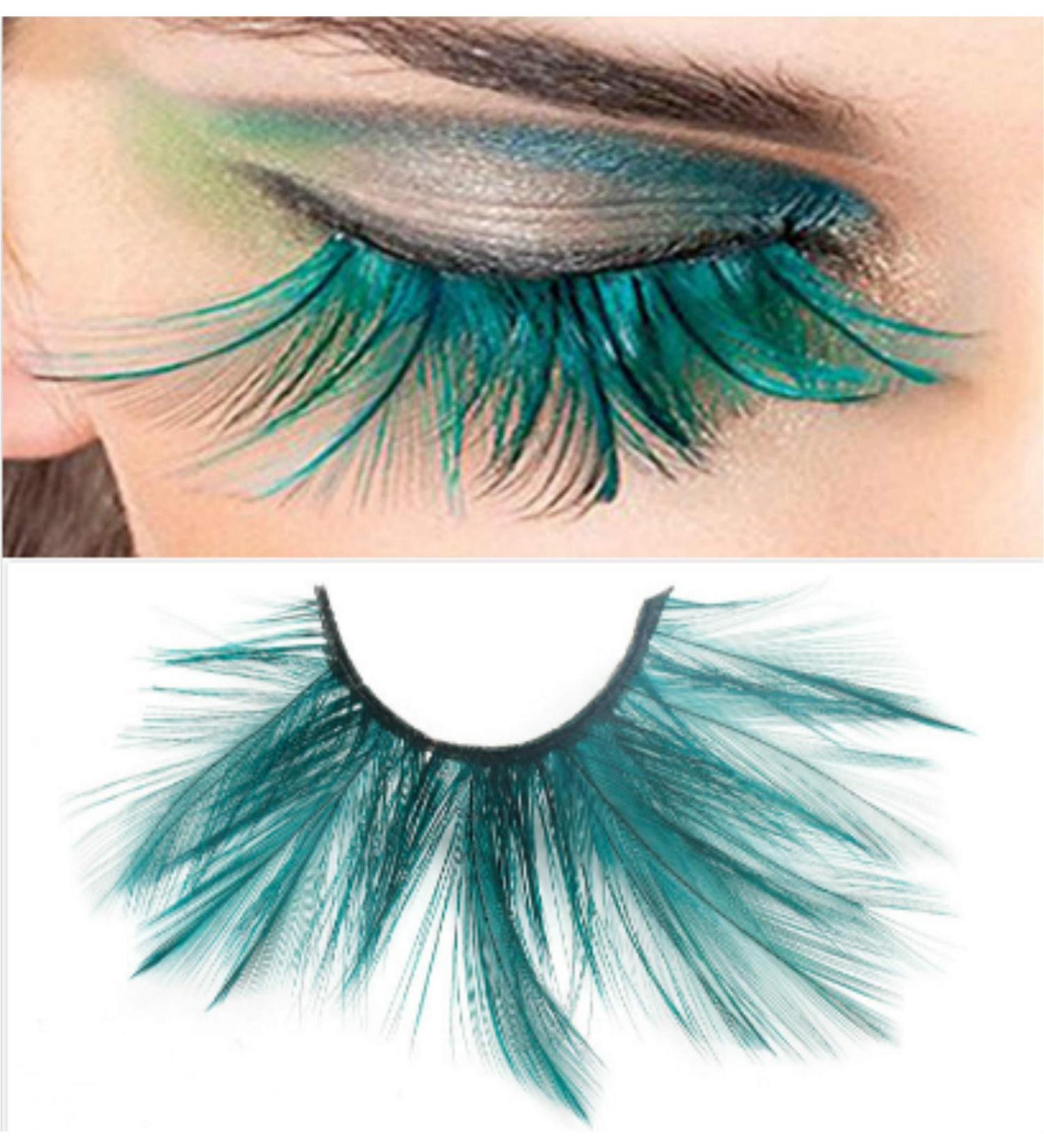 Dorisue Double Lip Black with Green Big Extra Long Feather Eyelashes - Halloween Green Feather Tip False Eyelashes for Dance Costume - Buy Online on GoSupps.com