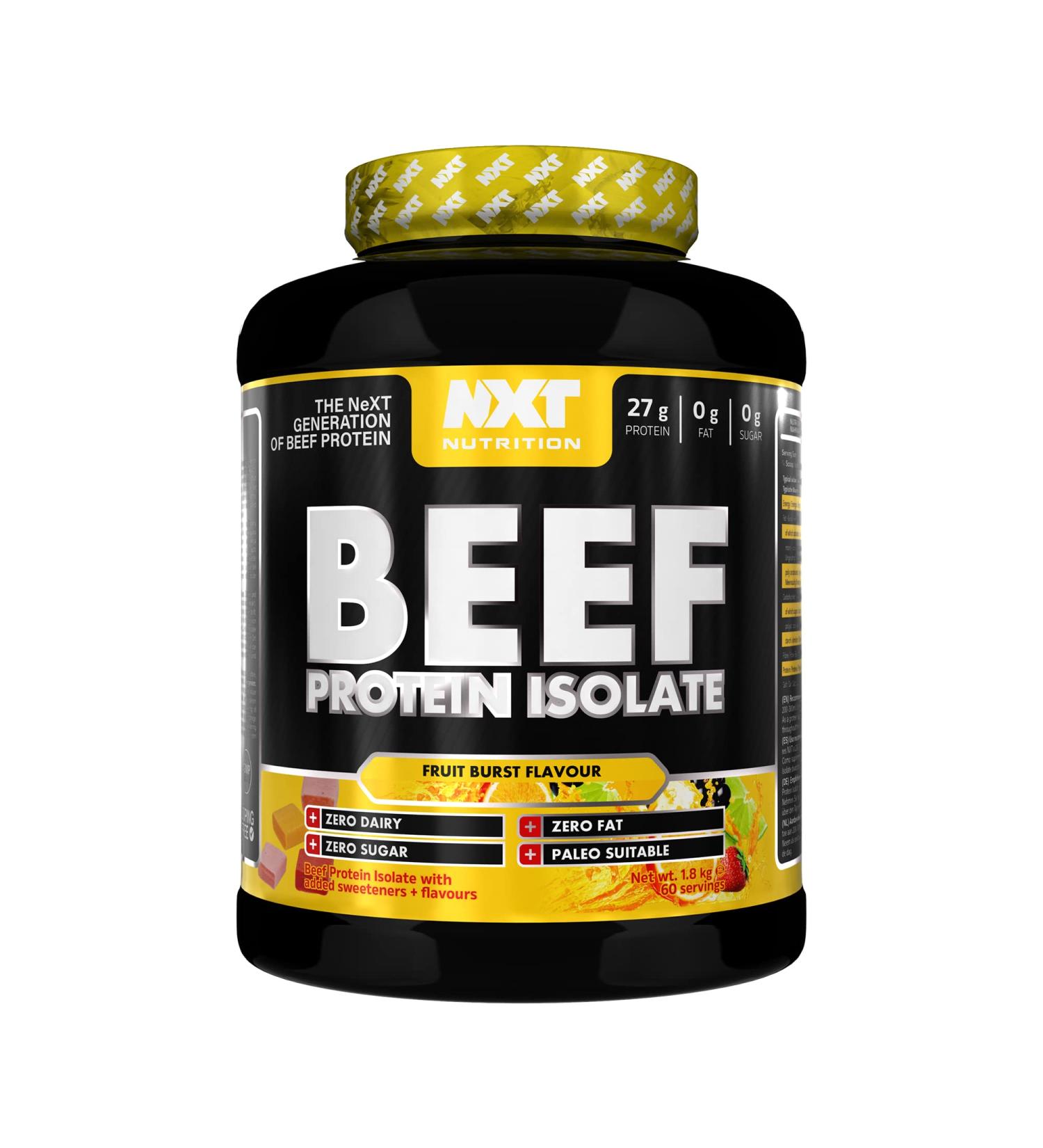 NXT Nutrition Beef Protein Isolate Powder 1.8kg - Paleo Keto Friendly Protein with Natural Amino Acids - Dairy & Gluten Free - Fruit Blast Flavor - Buy Online on GoSupps.com