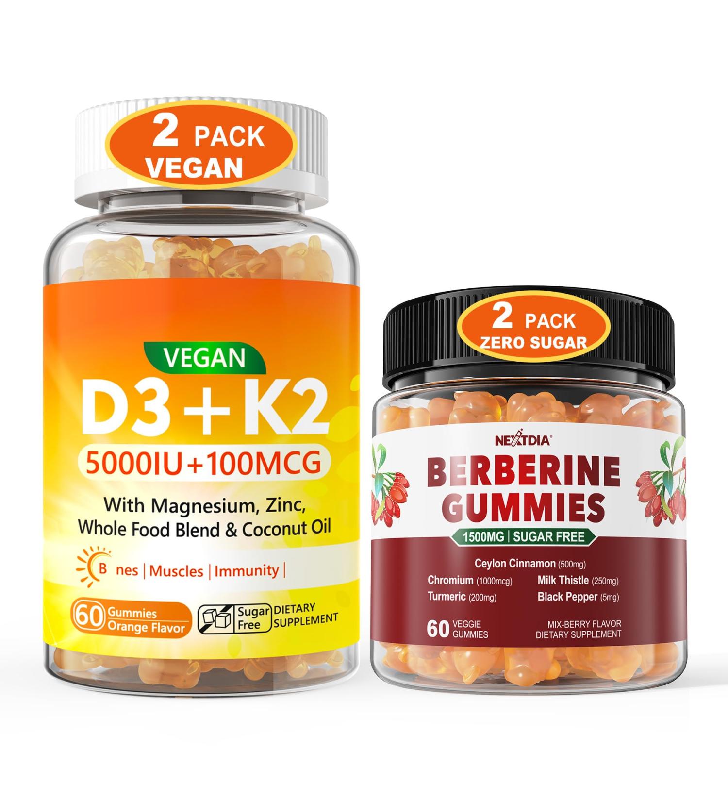 Nextdia 2Pack Vegan Vitamin D3 5000IU K2 Gummies+ 2Pack Berberine Supplement 1500mg Gummies - Buy Online on GoSupps.com
