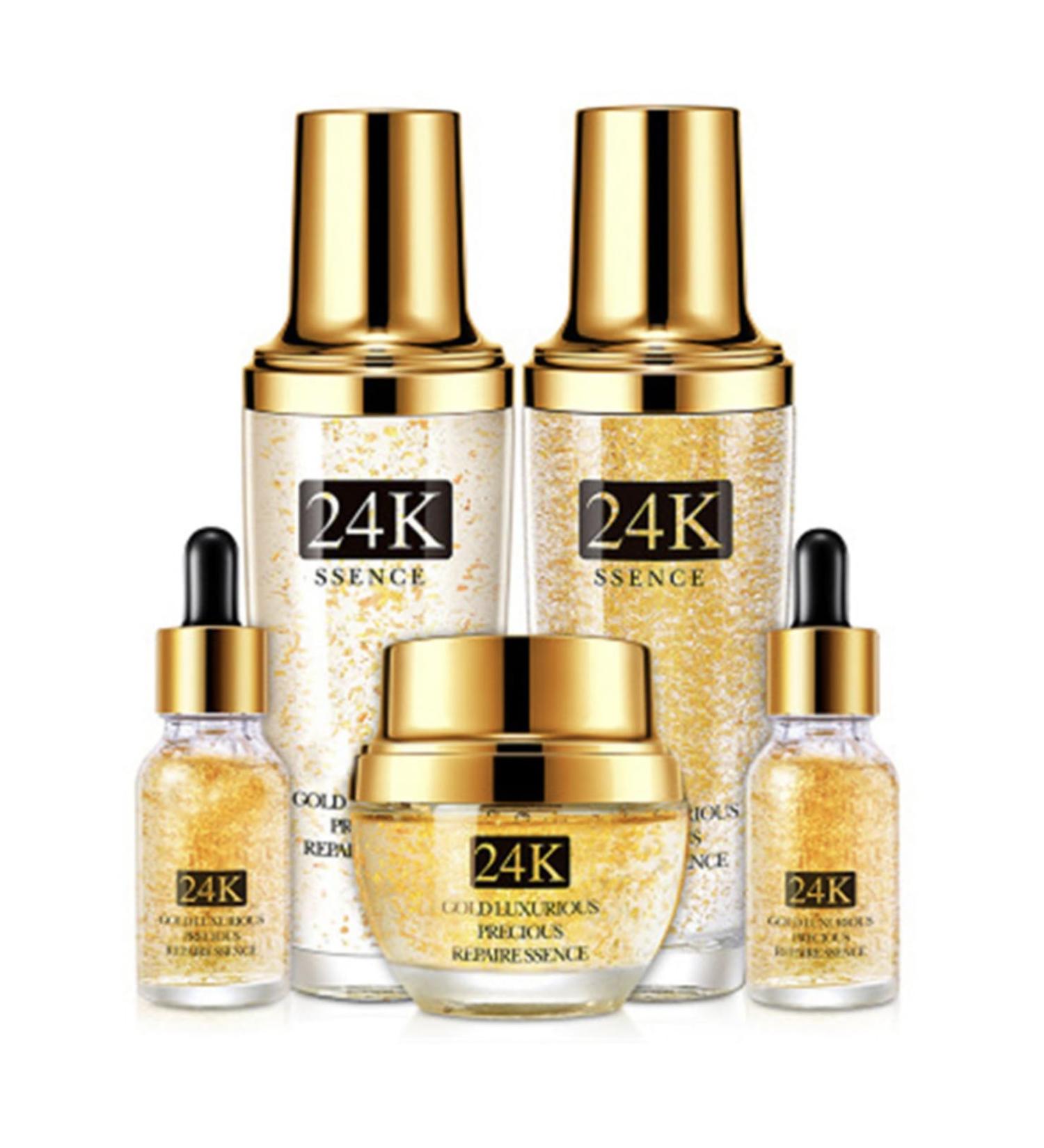 Yermin beauty 24k Gold 5pcs Hydrating Essence Serum Face Skin Care Serum Set Emulsion 120ml + Balancer 120ml + Cr me pour le visage 50g + Essence 15ml*2
