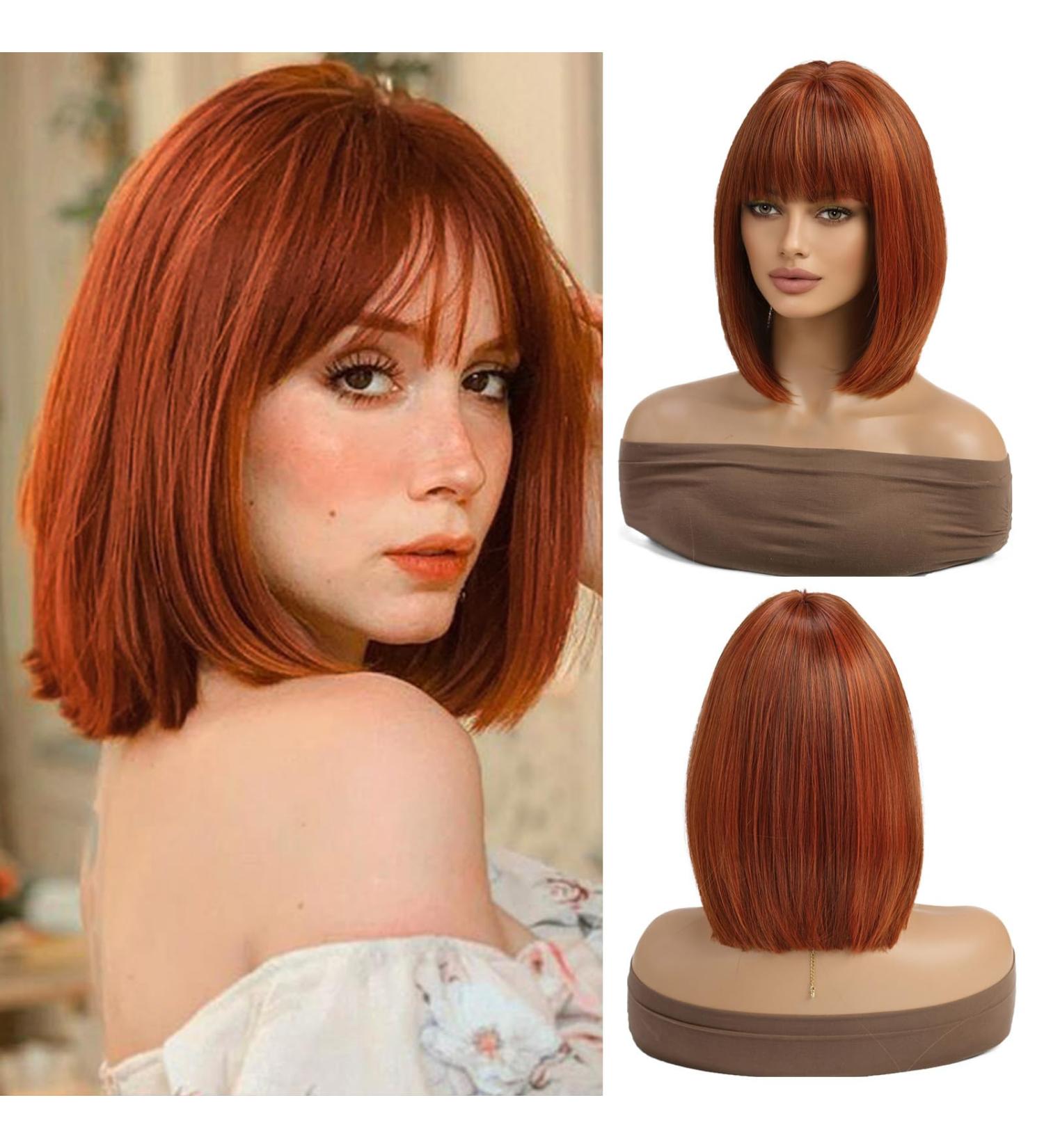 Esmee Short Straight Auburn Bob Wig with Fringe | 14-Inch Synthetic Cosplay Wig for Women - Reddish Brown International Shipping - Buy Online on GoSupps.com