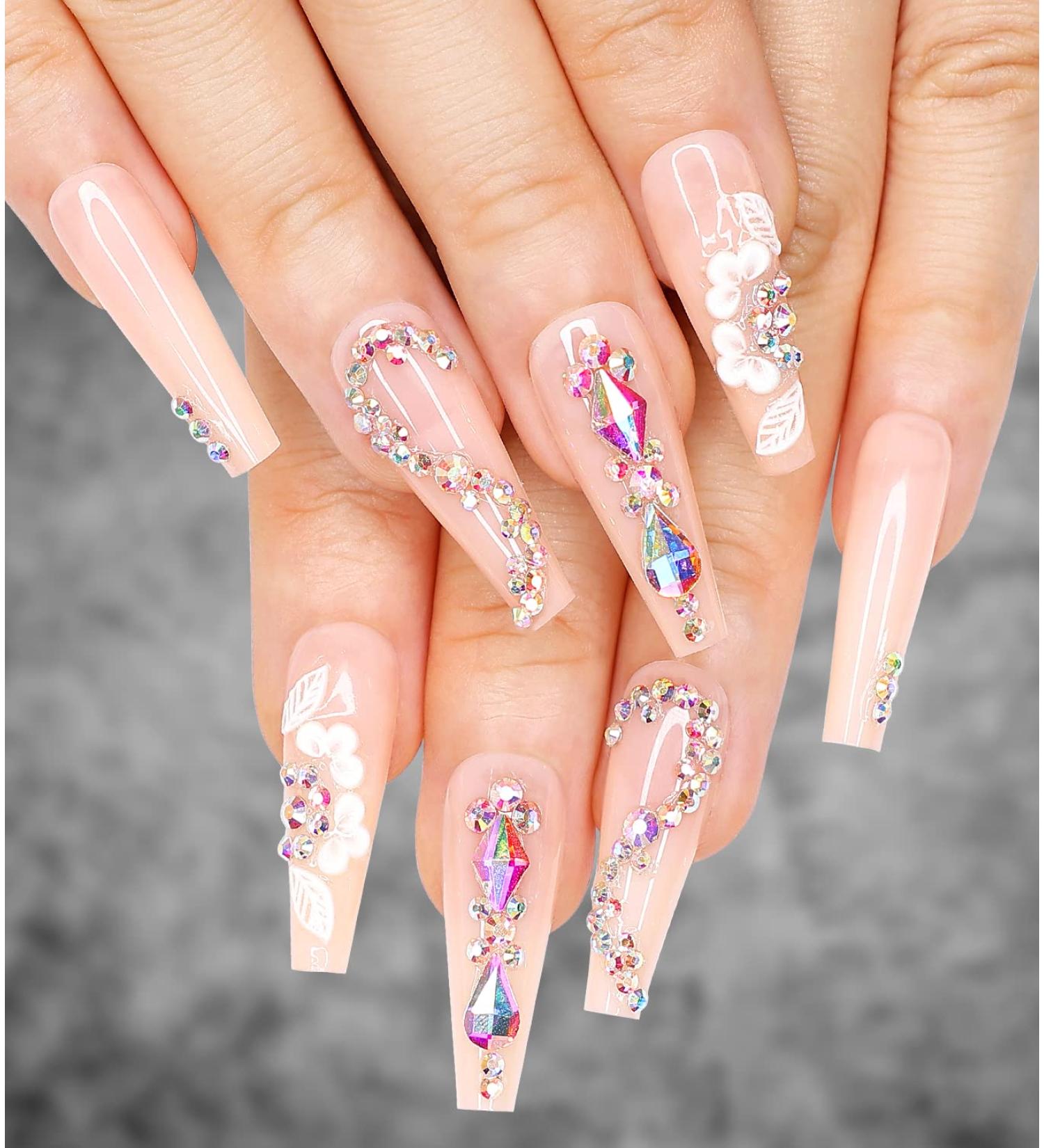 Artquee 24pcs Light Nude Pink Clear Press on Nails - 3D Flower Rhinestone Coffin False Tips for Women - Buy Online on GoSupps.com