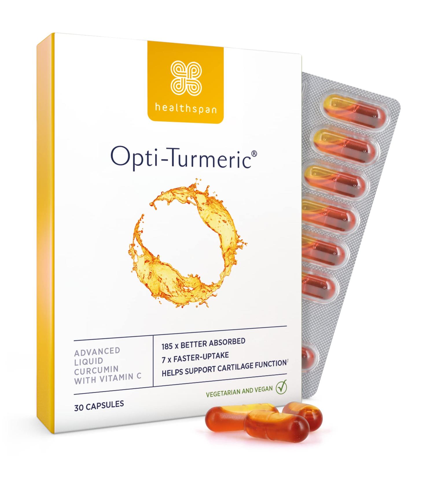 Healthspan Opti-Turmeric 500mg Liquid Curcumin Capsules - Cartilage Formation & Immune Health Support - 30ct - Buy Online on GoSupps.com