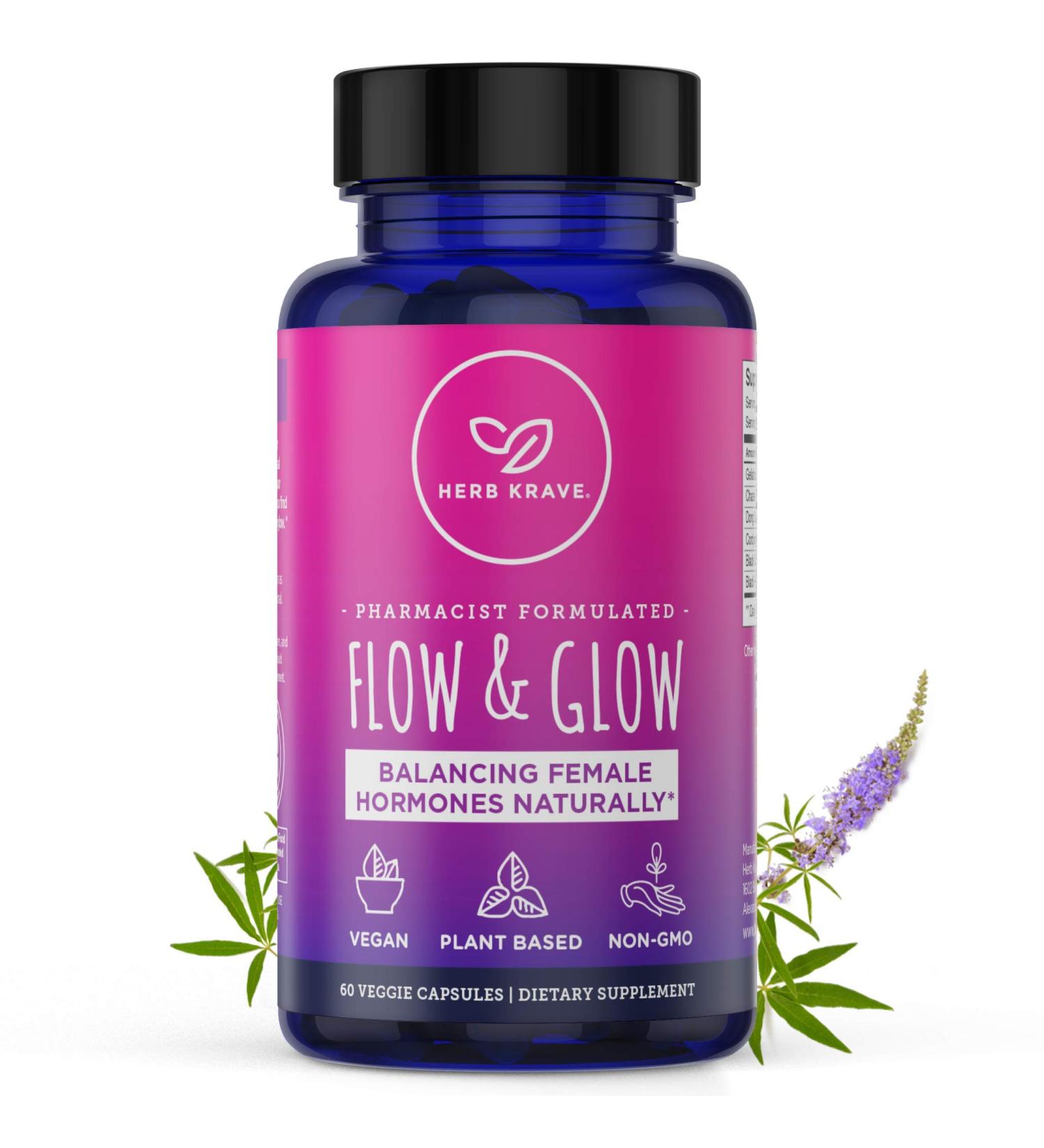 Herb Krave Flow and Glow Natural Hormone Balance for Women - PMS & Menopause Relief with Dong Quai & Black Cohosh - 60 Count - Buy Online on GoSupps.com