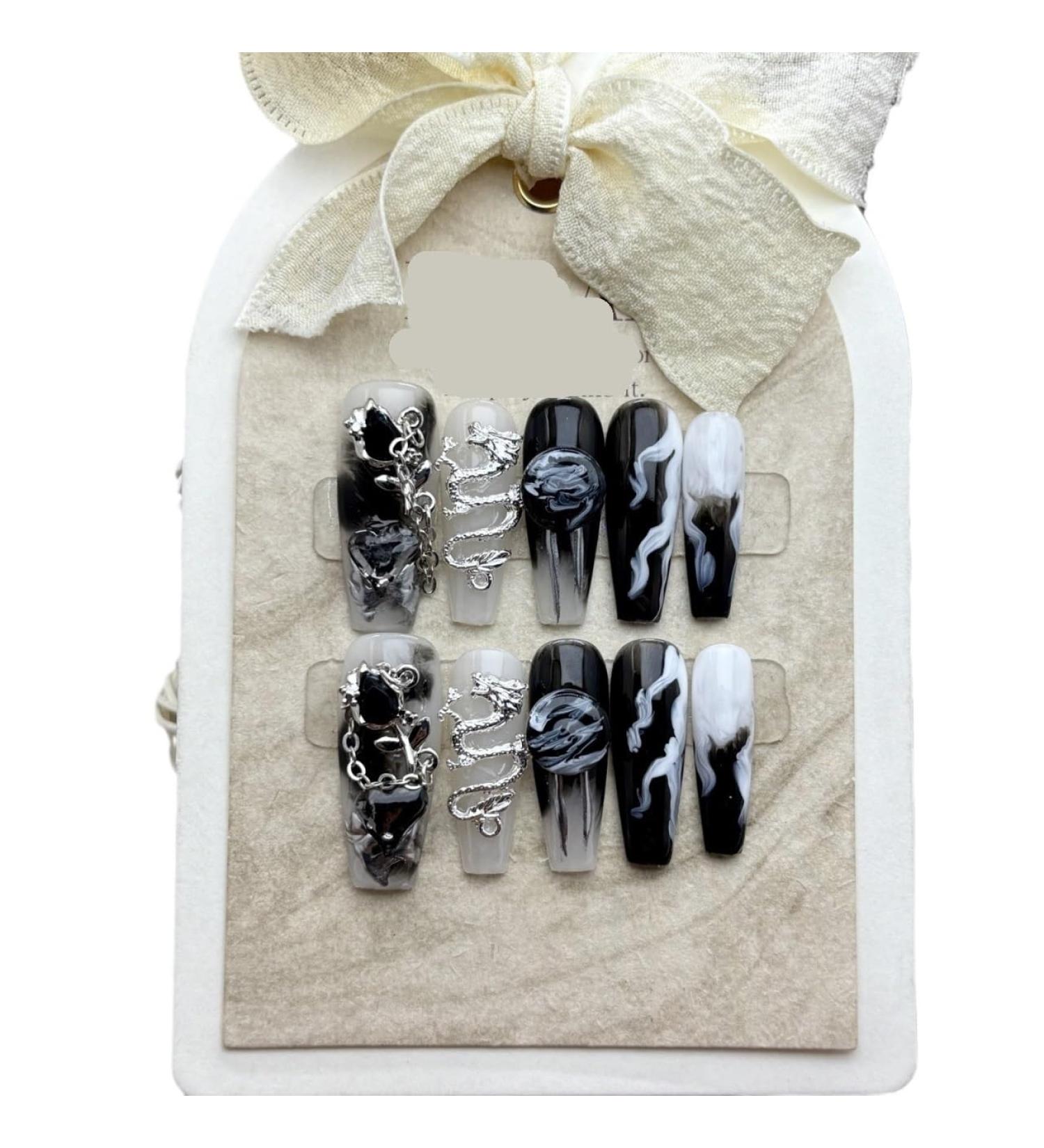 Chinese style ink dragon dark series nail art handmade wearable high-end long removable fake nail patches 10PCS (Size : S)