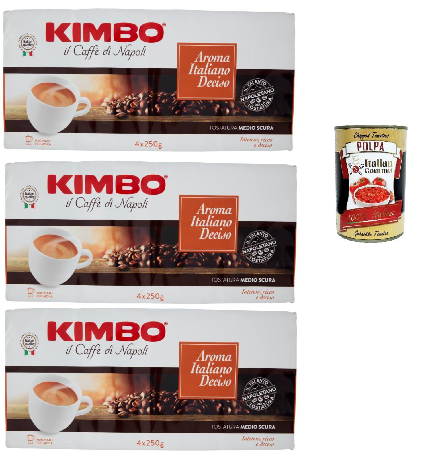Kimbo Aroma Italiano Deciso Caff Macinato Italian Caf moulu convient pour cafeti re Moka Lot de 12x 250 gr + Italian Gourmet polpa 400g - Buy Online on GoSupps.com