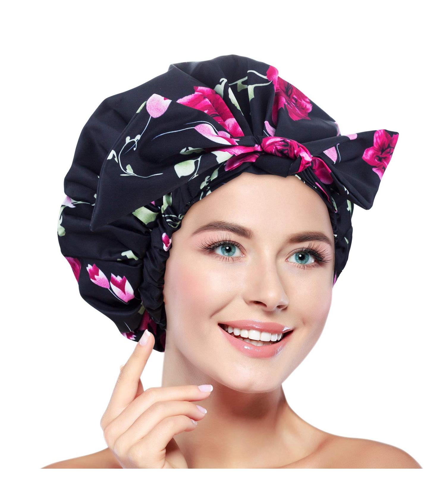 Waterproof Reusable Shower Cap for Women with Long Hair - Adjustable, Washable, Breathable - Black - Buy Online on GoSupps.com
