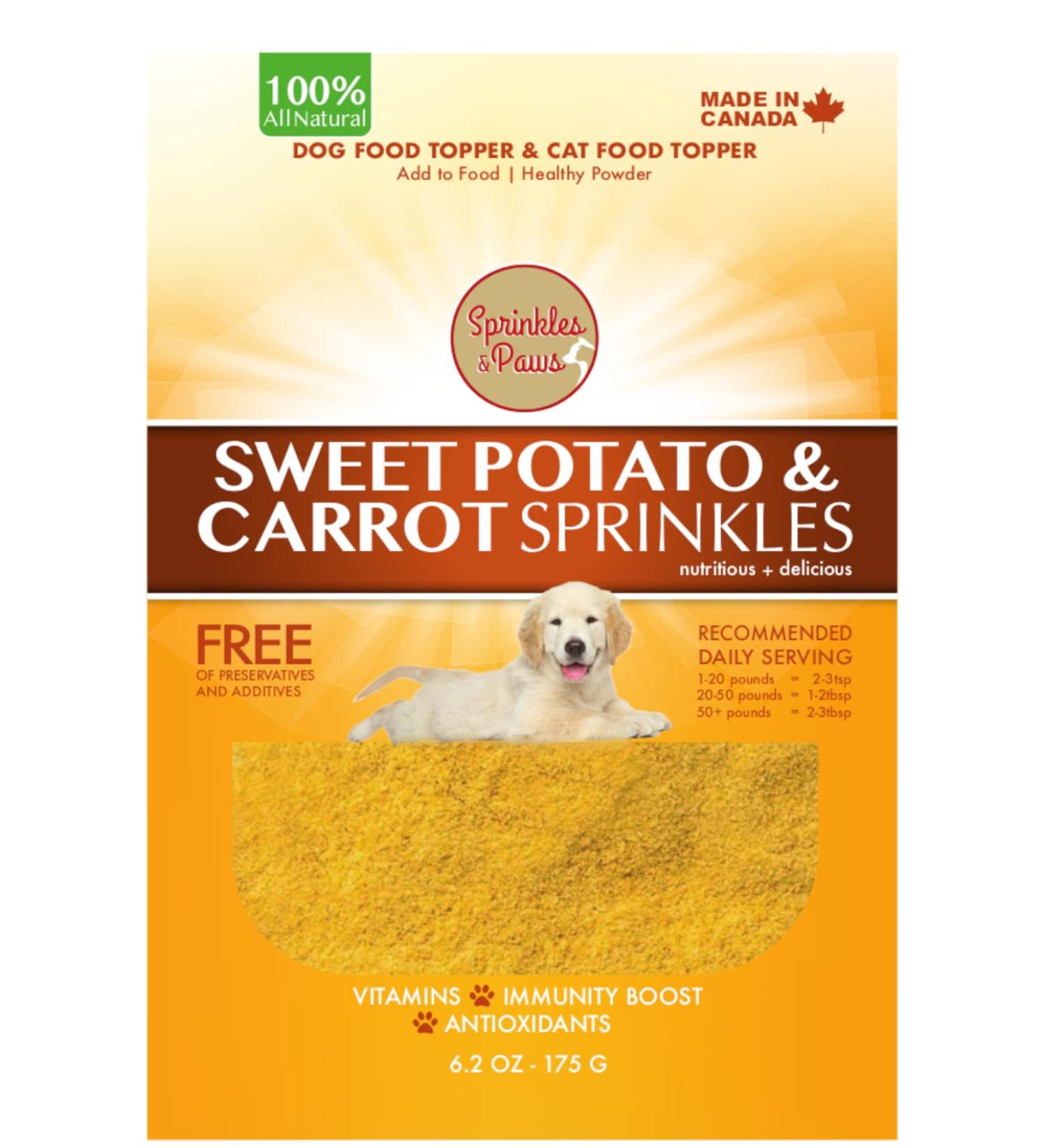 SPRINKLES & PAWS Sweet Potato and Carrot Sprinkles Dog Food Topper Powder | Made in Canada with Organic Vegetables | Grain Free Vegan Vegetarian | Buddy Bites Natural - Buy Online on GoSupps.com
