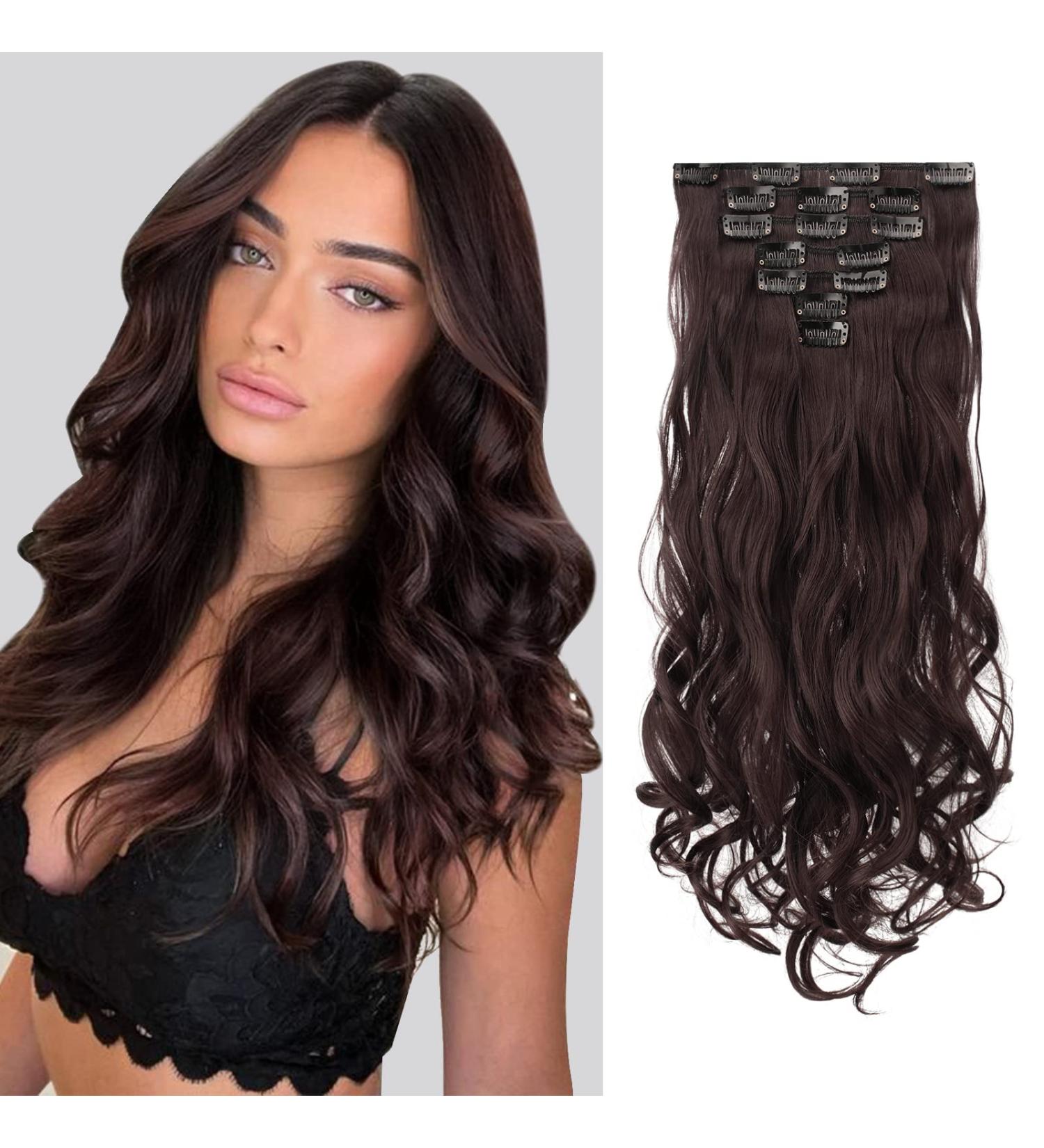 Feshfen Clip In Extensions Set - 7 Parts 16 Clips Wavy Synthetic Hair - Black Cherry 50cm for Women - Buy Online on GoSupps.com