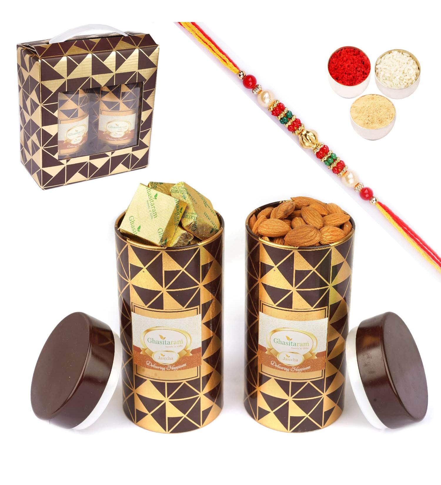 Jaiccha Ghasitaram Rakhi Gifts for Brothers Box 2 Tin Jars of Almonds and MEWA Bites with Pearl Rakhi Box 2 Tin Jars of Almonds & MEWA Bites with Rakhi - Buy Online on GoSupps.com