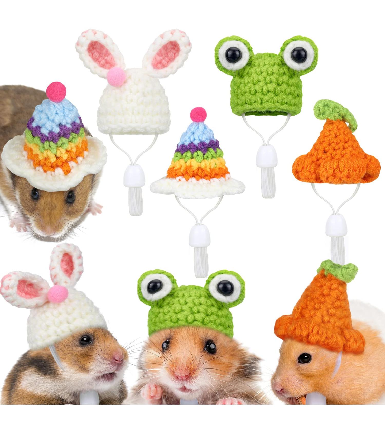 Xuniea 4 Pieces Mini Hand Knitted Animal Hats - Frog, Rainbow, Carrot - Adjustable Strap for Hamster, Guinea Pig, Lizard - Christmas Party Costume Accessories - Buy Online on GoSupps.com