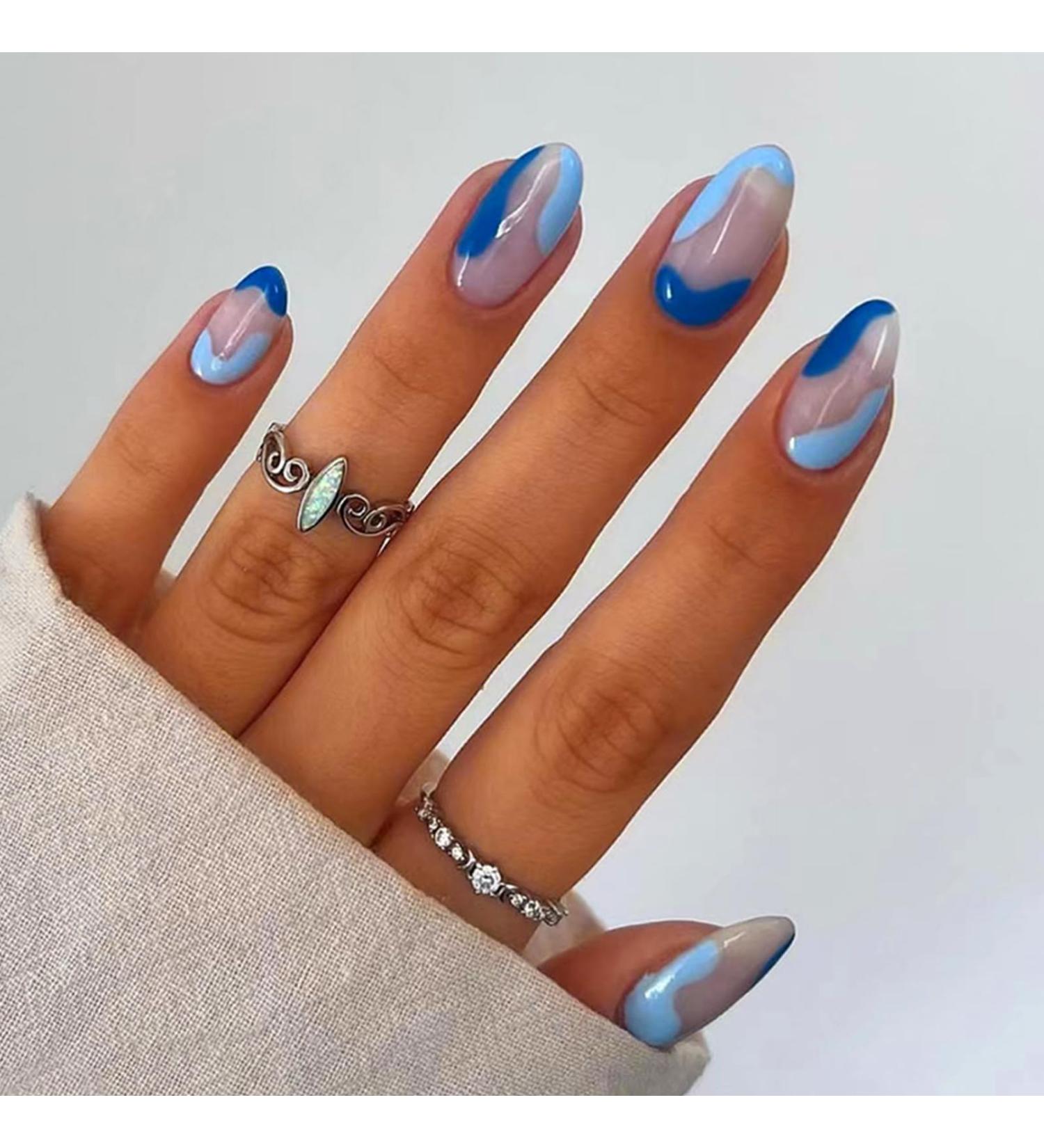 24Pcs Short French Almond False Nails - Blue Wave Press On Acrylic Full Cover Stick On Nails for Women - Oval Glossy Fake Nails with Glue Stickers - DIY Manicure - Buy Online on GoSupps.com