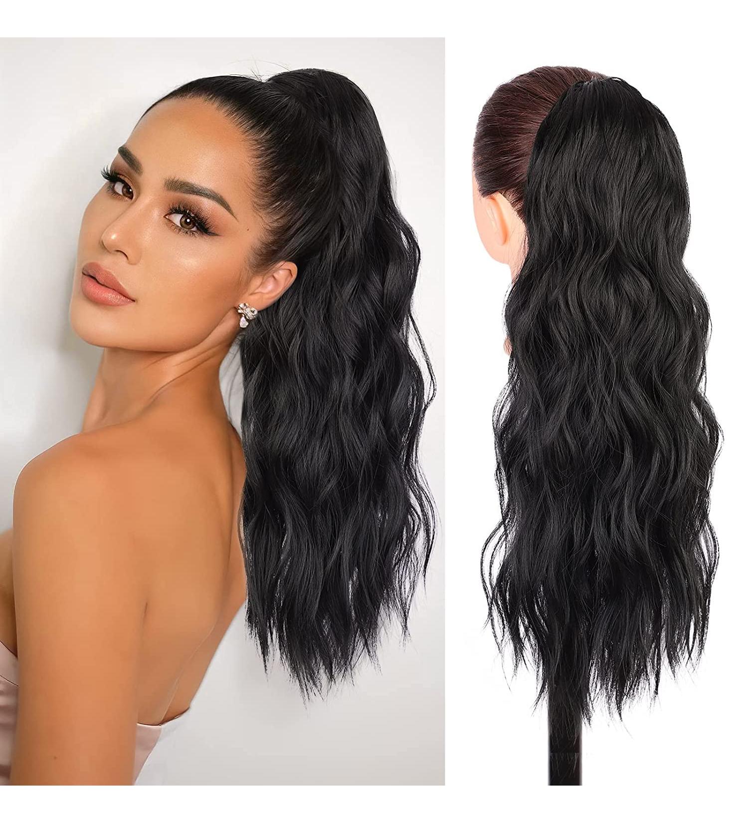 Premium Black Ponytail Extension with Side Clip-in Bangs - 50cm Long Curly Real Hair Hairpiece - Buy Online on GoSupps.com