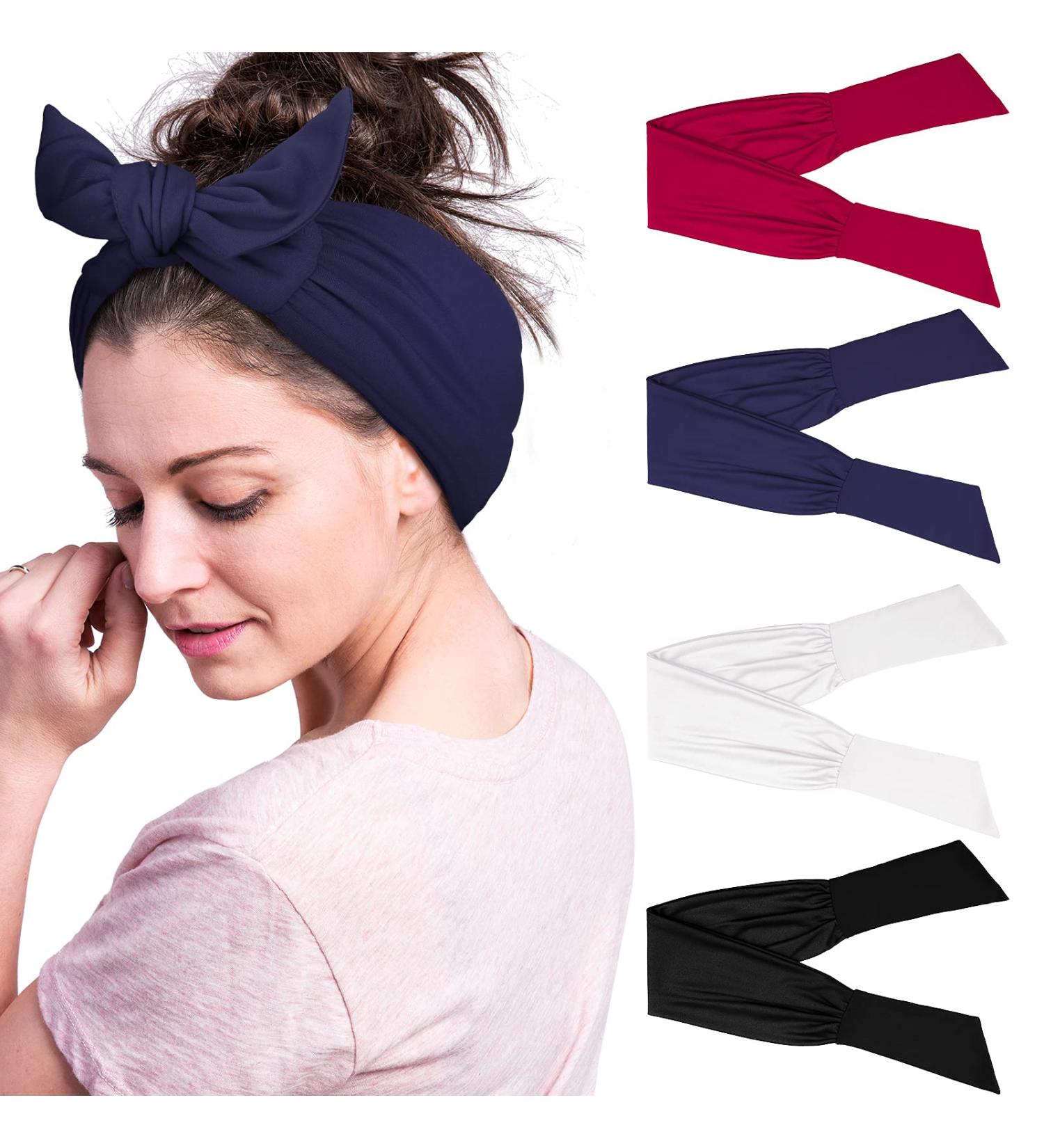 Adjustable Knotted Headbands Set for Women - Non-Slip Elastic Hairbands in Black, White, Wine Red, Navy Blue - Head Wrap for Girls - Buy Online on GoSupps.com