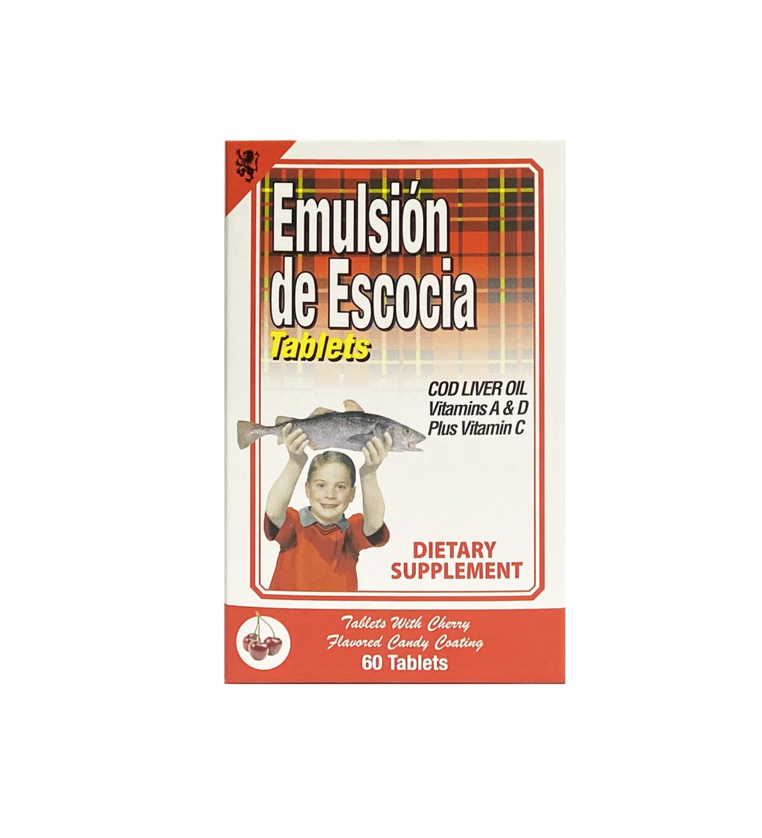 Buy EMULSION DE ESCOCIA Cod Liver Oil - Immune Support Dietary Supplement with Vitamins A B1 D & E - Cherry Flavor (60 Tablets) - International Shipping Available - Buy Online on GoSupps.com